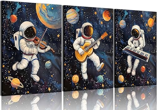 3 piezas de arte de pared de astronauta espacial musiic lienzo lindo astronauta músico decoración imágenes divertidas piano guitarra violín carteles