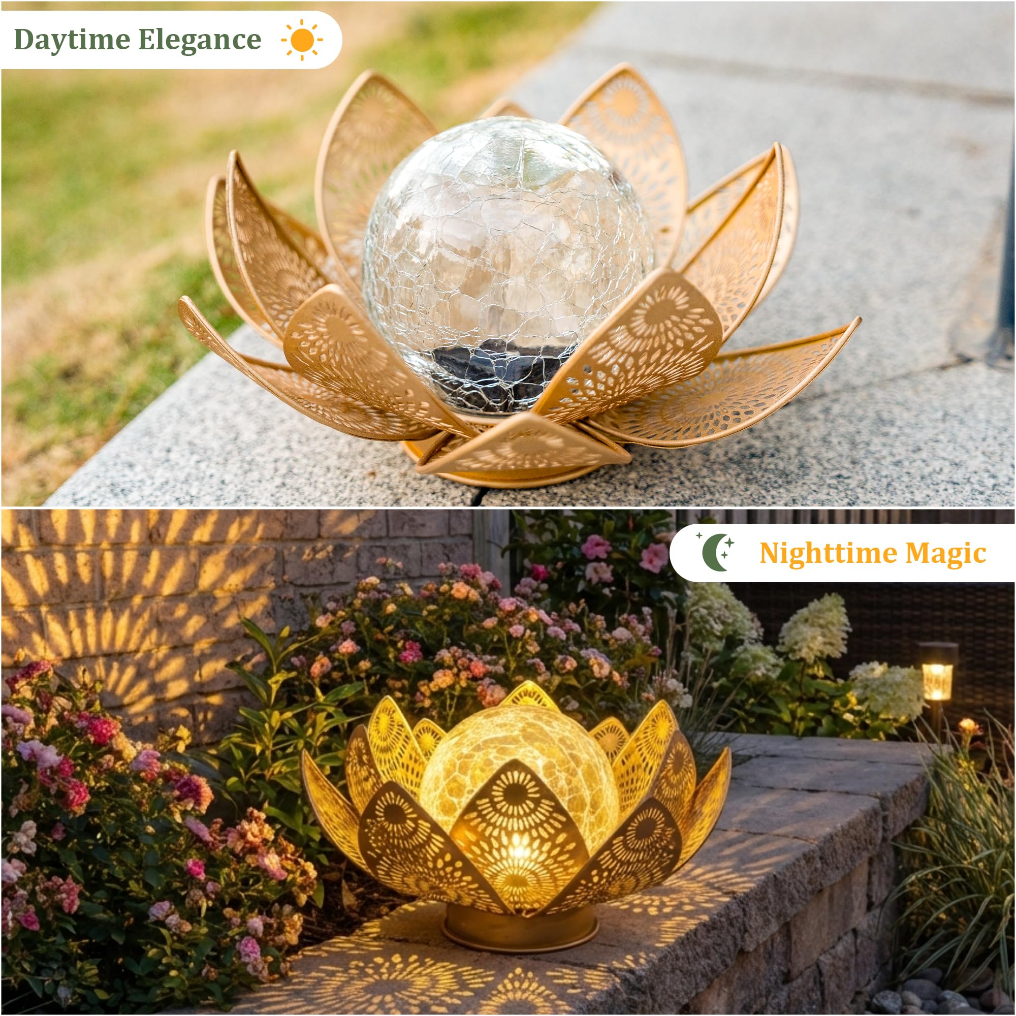 Solarleuchten für den Außenbereich, wasserdicht, IP65 – Lotusblumenlaterne mit Craquelé-Glas & Metallblüten, Gartendekoration für Terrasse, Weg, Rasen, automatisches Ein-/Ausschalten, Geschenk