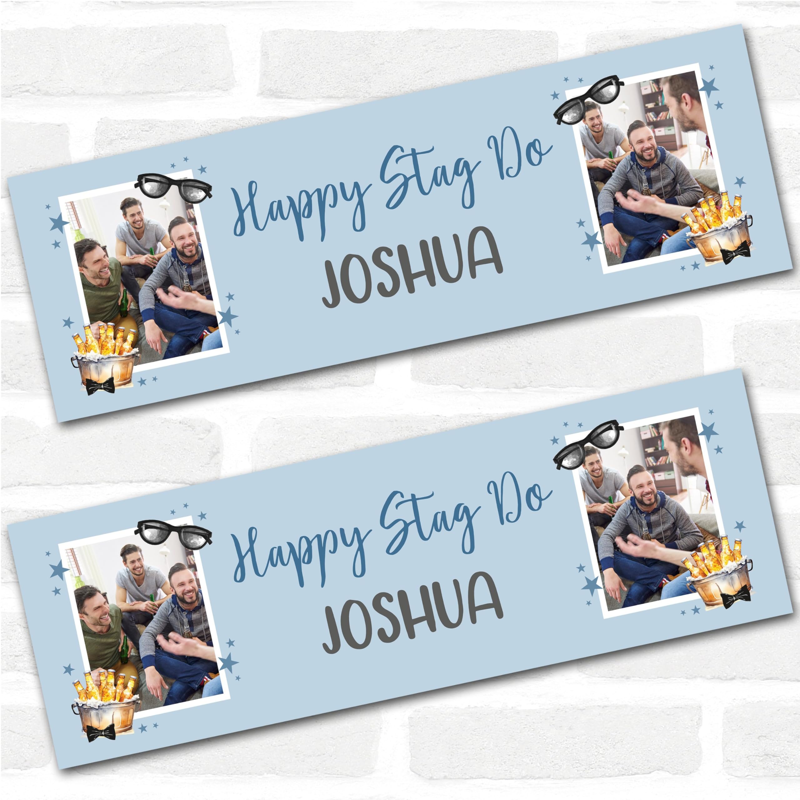 Personalised Party Banner For Stag Do Photo Blue Beer Sunglasses | Custom Large Party Decoration, Event Banner, Backdrop, Décor, Signage. 3 ft x 1 ft | 4.5 ft x 1.5 ft | 6 ft x 2 ft
