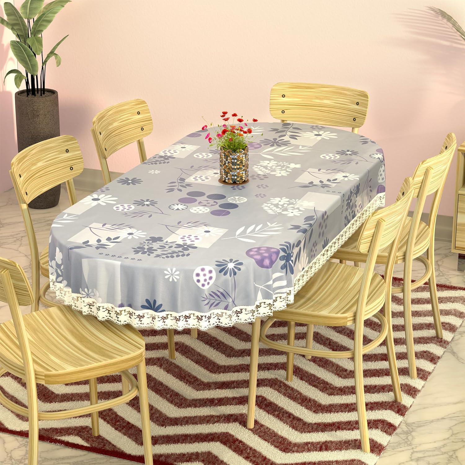 MANUFACTORY 54x78 Inches Waterproof Oval Dining Table Cover 4 Seater for Kitchen | Aesthetic Dinner Table Cover Cloth for Living Room & House | Flower Circle Print - Grey