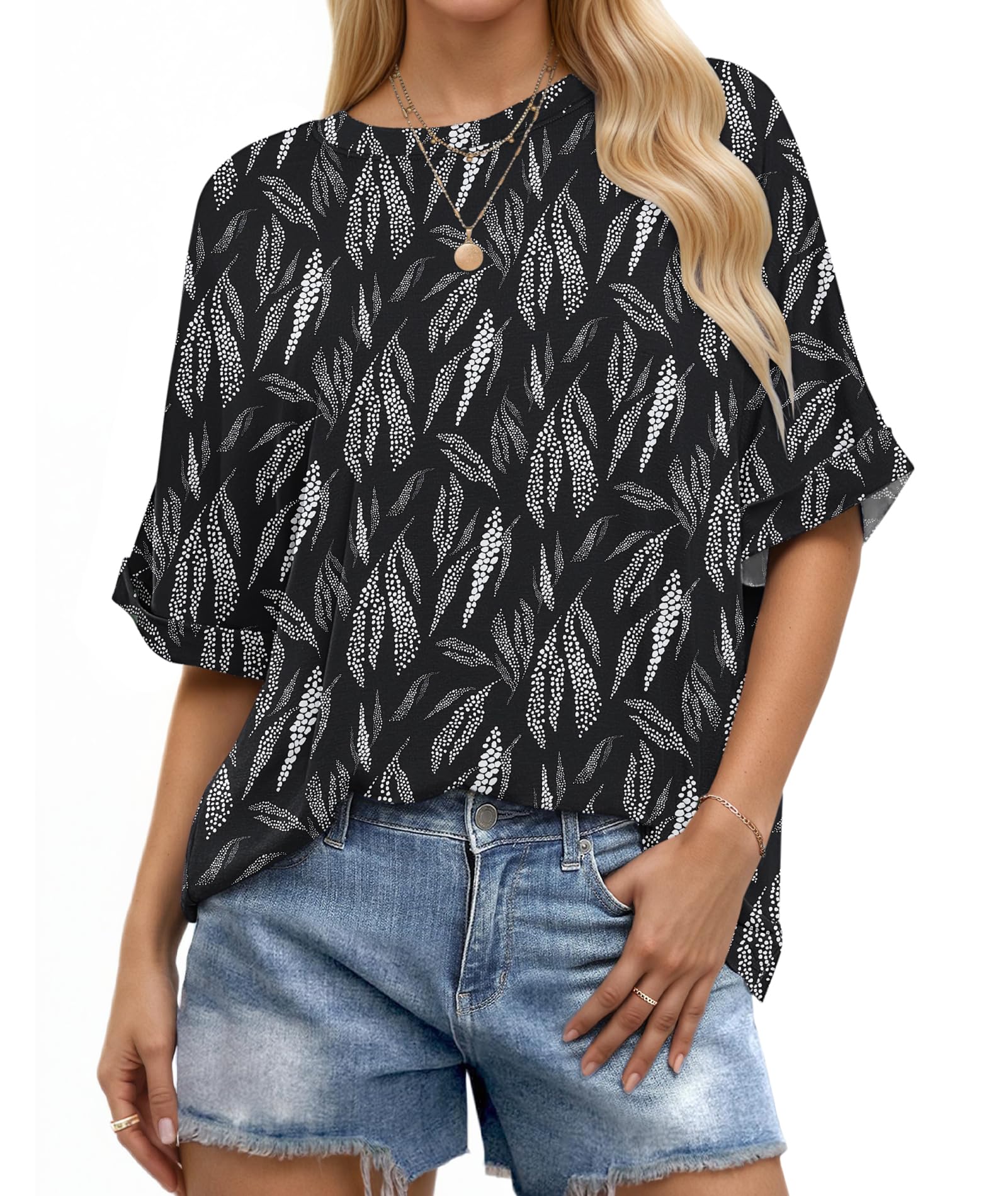 WNEEDU Oversized Tshirt Damen Basic Kurzarm Rundhals Oberteile Damen Sommer | Lockere Oversized Top mit Fallenden Schultern Bluse Damen Kurzärmel mit Umgeschlagener Manschette