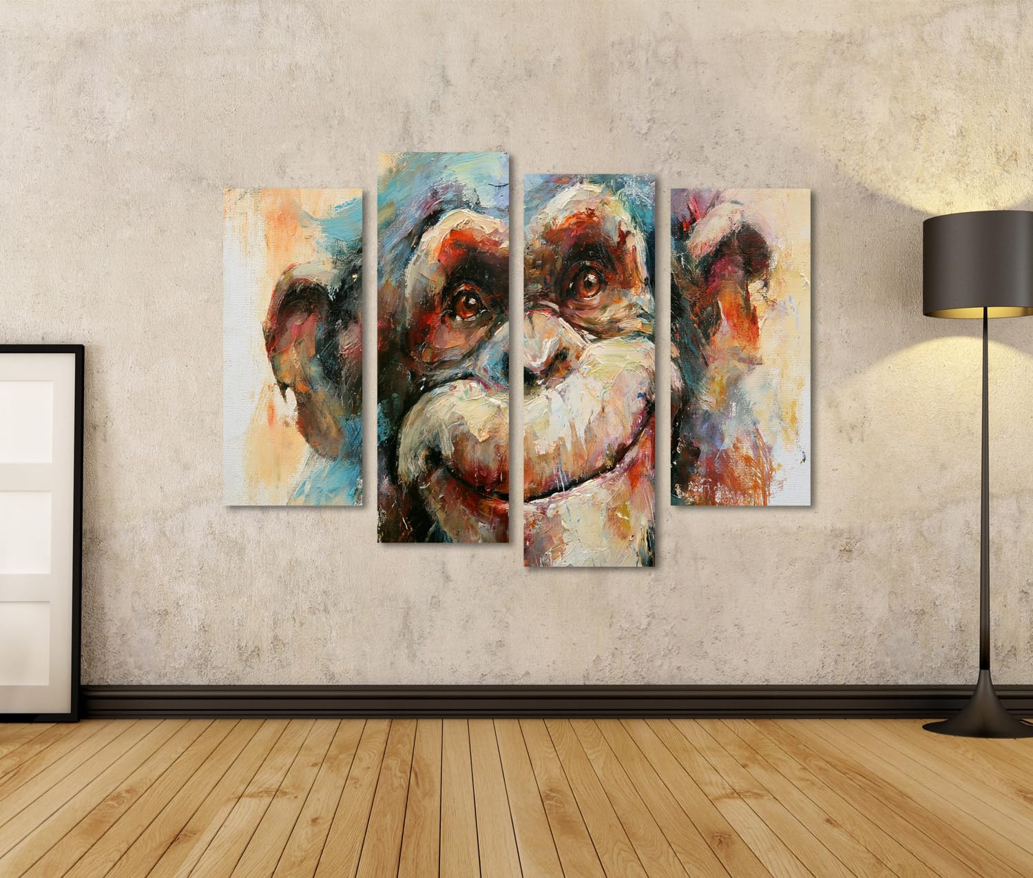 islandburner Cuadro sobre lienzo, diseño de mono alegre para salón, decoración para amantes de los animales, 4 piezas