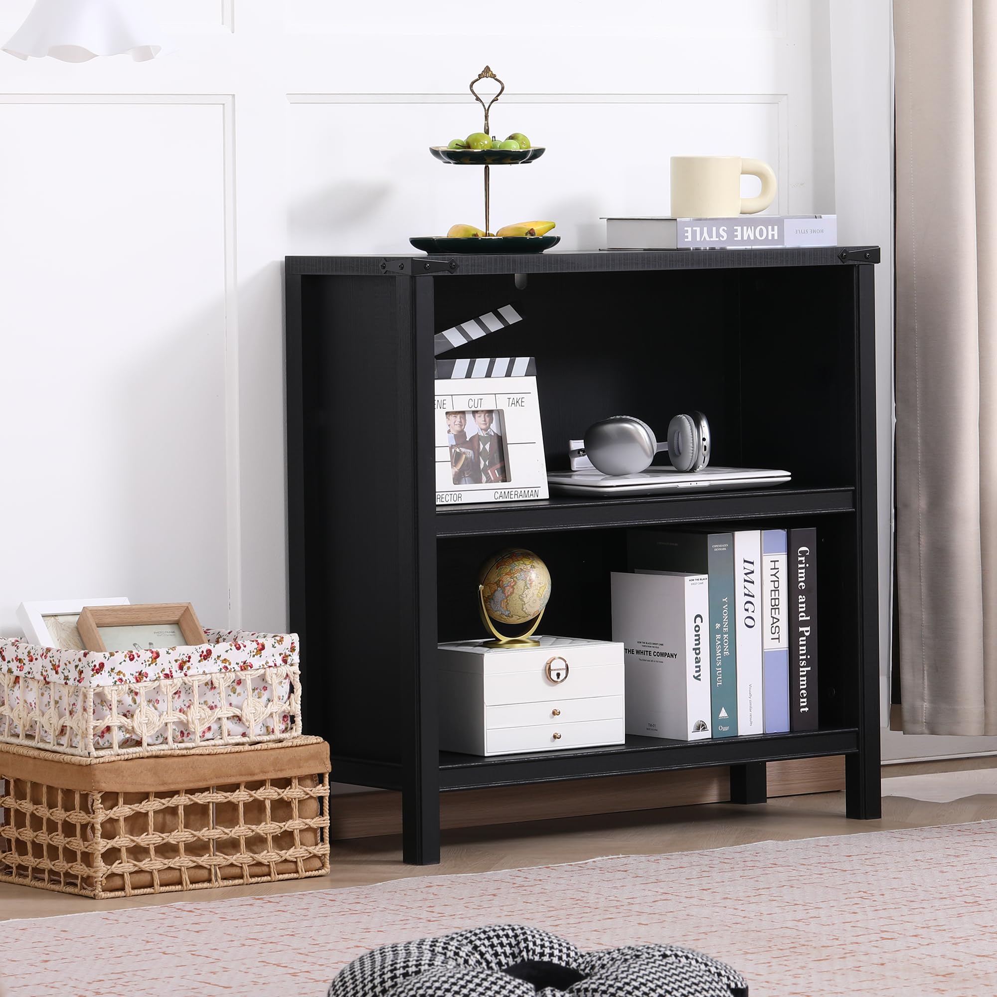 GlowVitaHome 30" Tall Bookshelf, 2-Tier Farmhouse Bookcase, Free Standing Display Shelf & Storage Organizer for Living Room, Home Office, Bedroom,