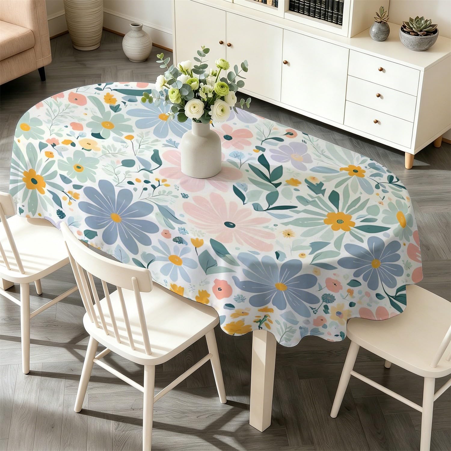 Nappe ovale imperméable et anti-tache 140x220 motif floral lavable