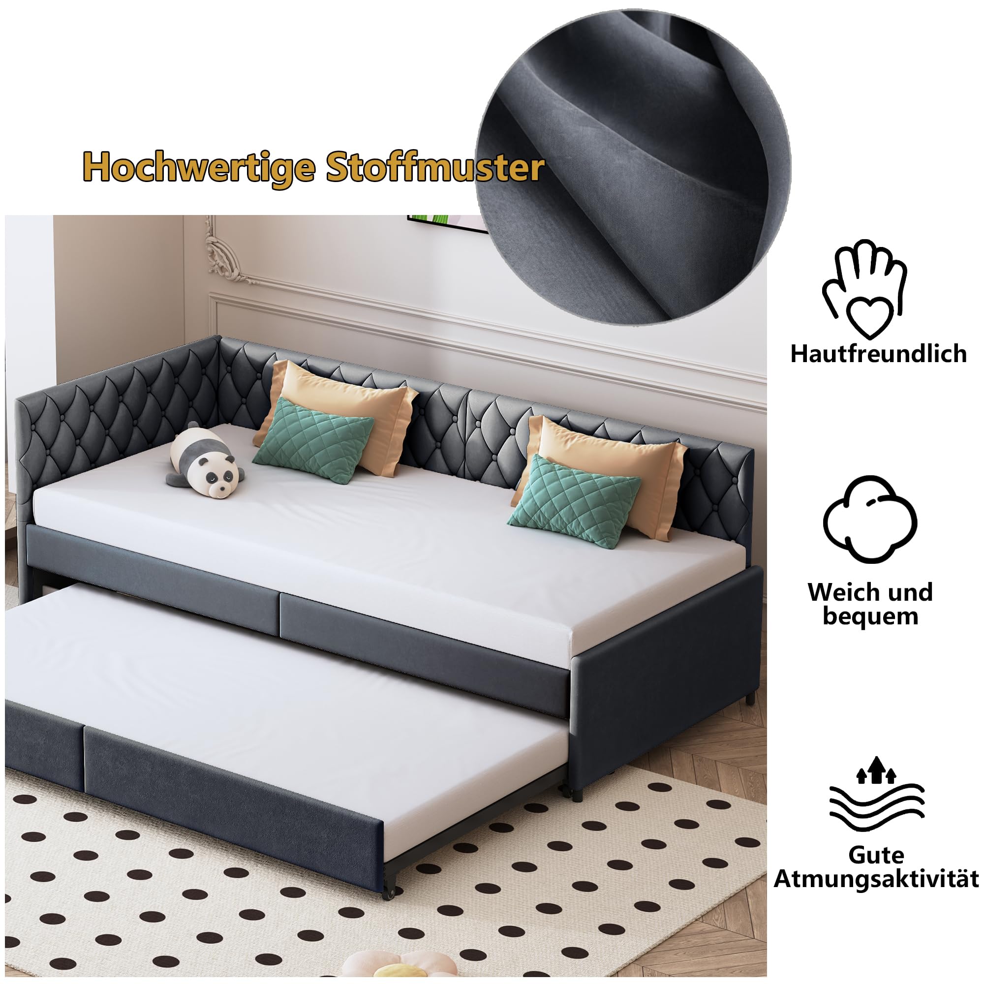 Sofá cama desplegable de 90x200 cm, sofá cama desplegable tapizado, sofá cama desplegable con somier, cama multifuncional, cama funcional, sofá cama para sala de estar dormitorio, sin colchón (Gris)