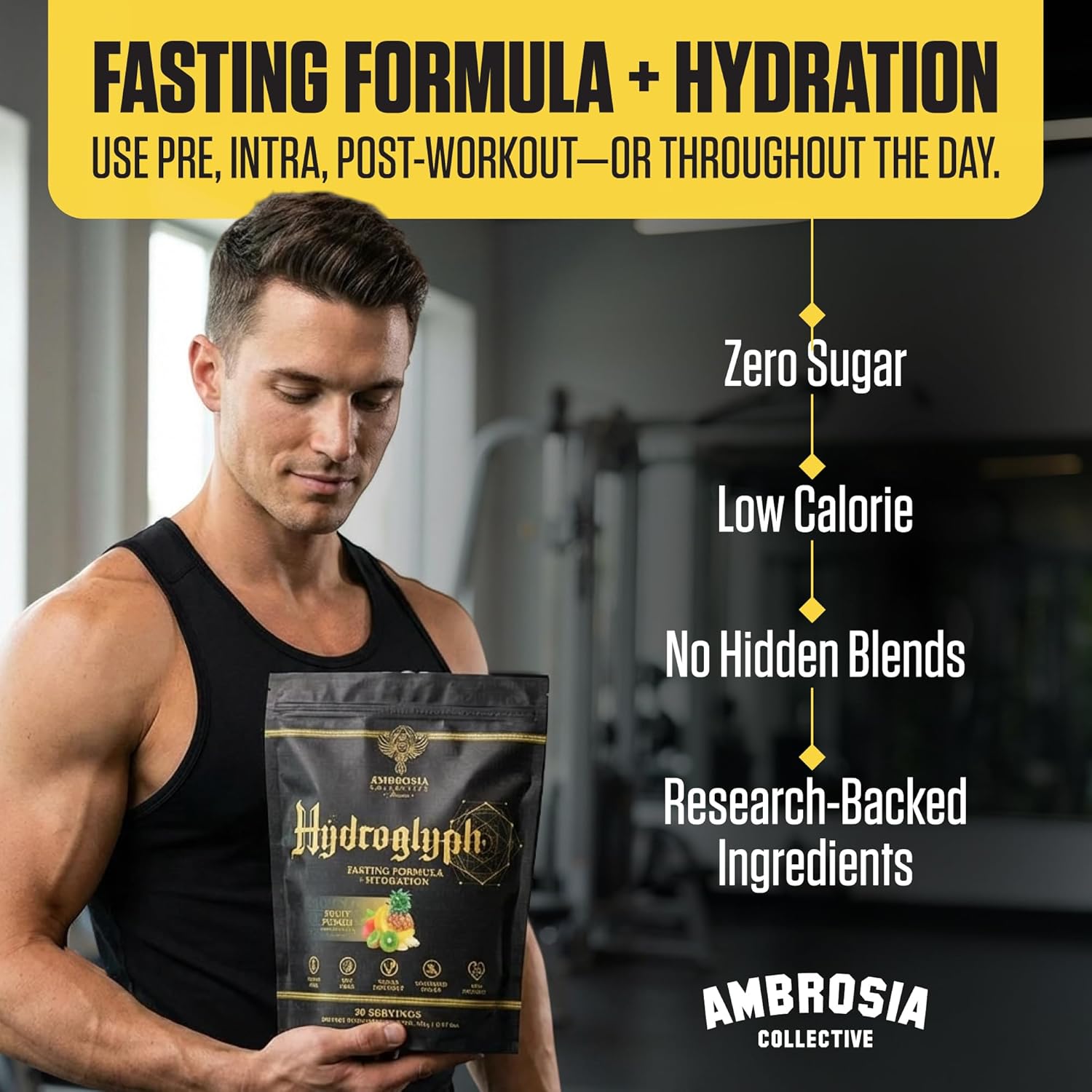 Ambrosia Hydroglyph Intraworkout Electrolytes Hydration Drink Mix | Sugar Free Electrolyte Powder with Amino Acids | Supports Lean Muscle During Fasting | 30 Servings | Pineapple Mango - Image 3
