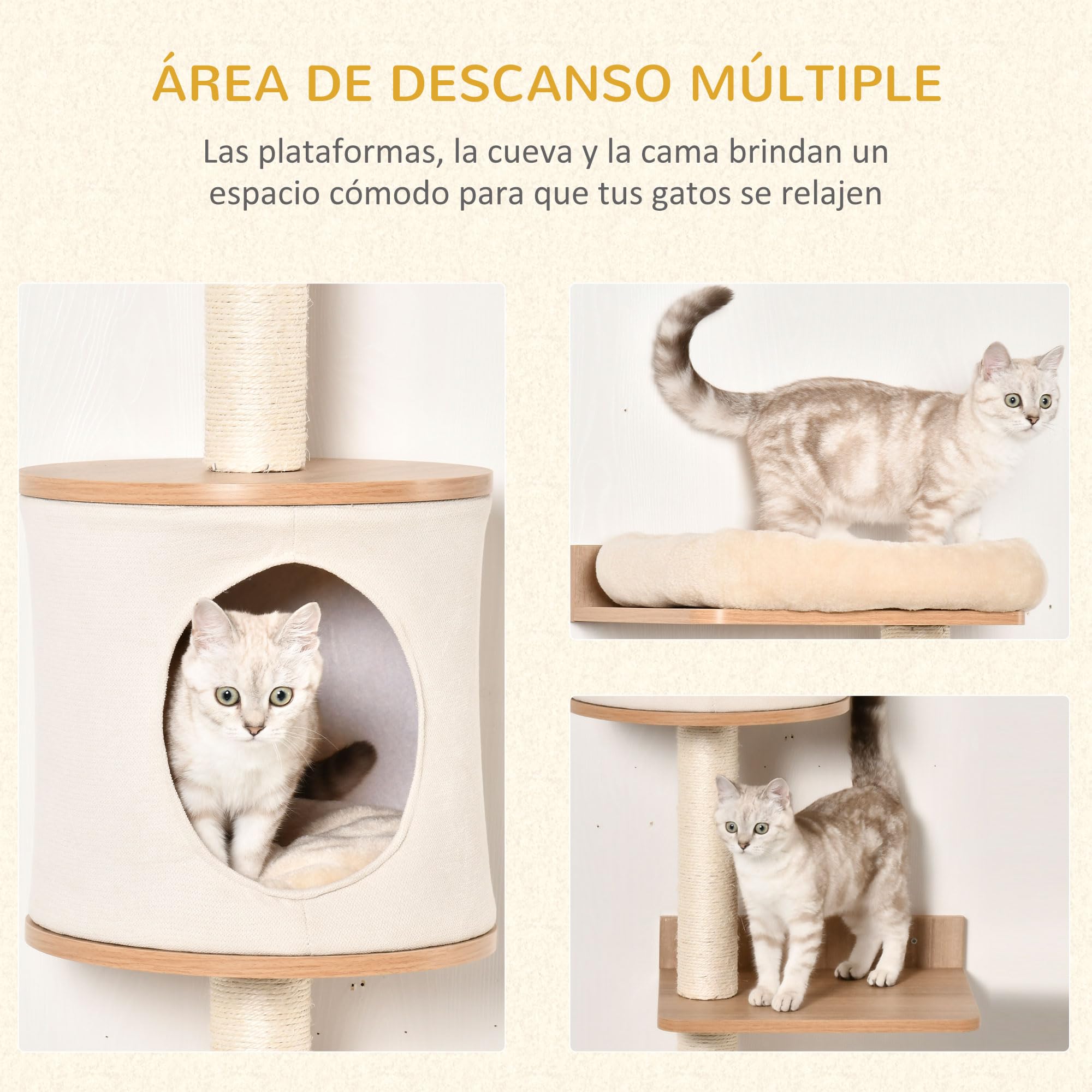 PawHut Árbol para Gatos de Pared 38x30x149 cm Torre Cama Cueva Beige Roble | Múltiples Plataformas de Madera, Cama Superior, Cojín Extraíble, Postes Rascadores de Sisal, Torre para Escalar