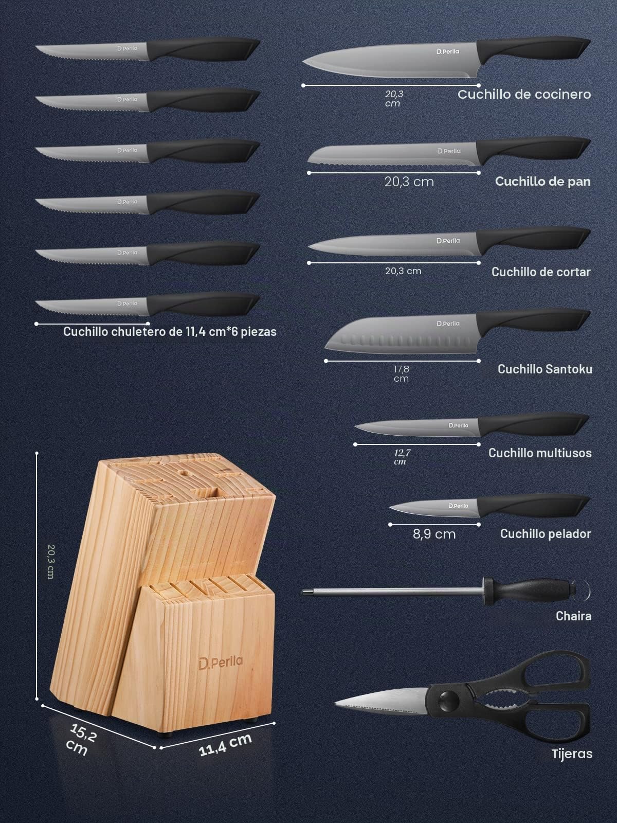 D.Perlla Juego de Cuchillos de Cocina, 15 Piezas Negro Revestimiento Antiadherente Set Cuchillos Cocina, Acero Inoxidable de Alto Carbono, Afilado y Antioxidante, con Bloque de Madera