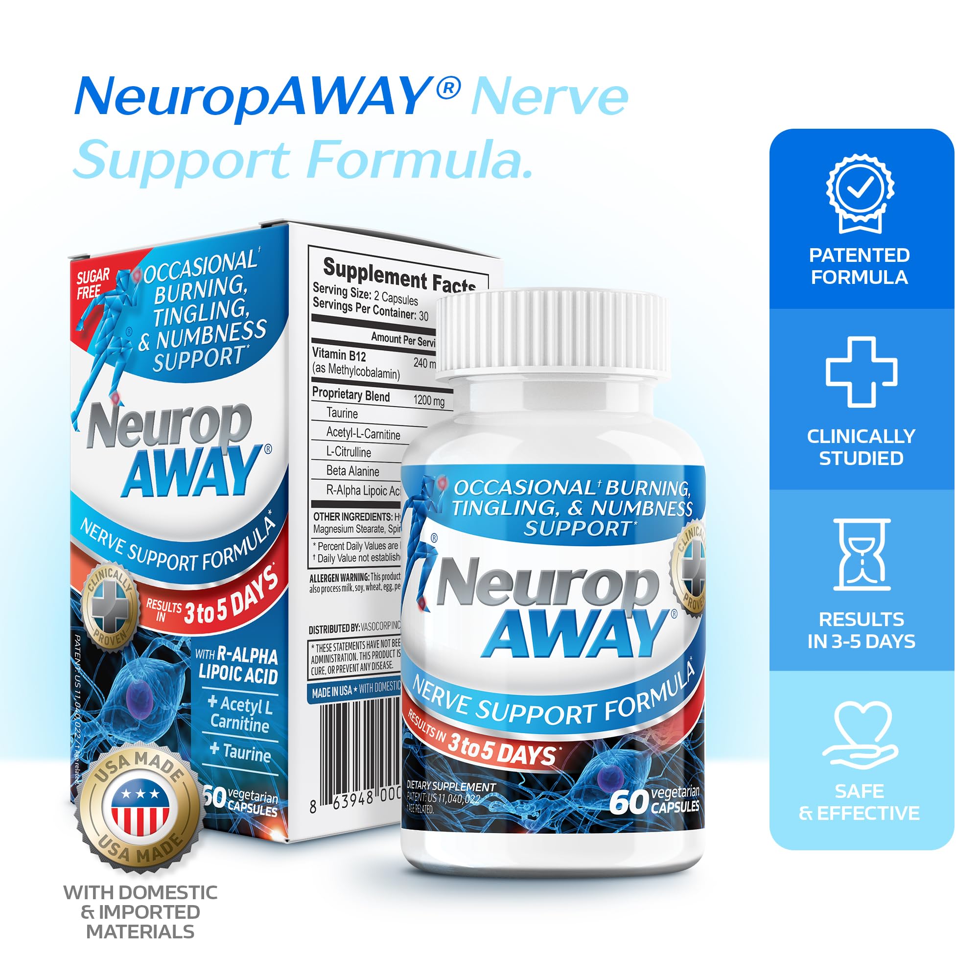 NeuropAWAY Nerve Support Supplement – Taurine, R-Alpha Lipoic Acid, Acetyl-L-Carnitine & Vitamin B12 – Supports Healthy Nerve Function As You Age - 60 Capsules — Amazon image 2