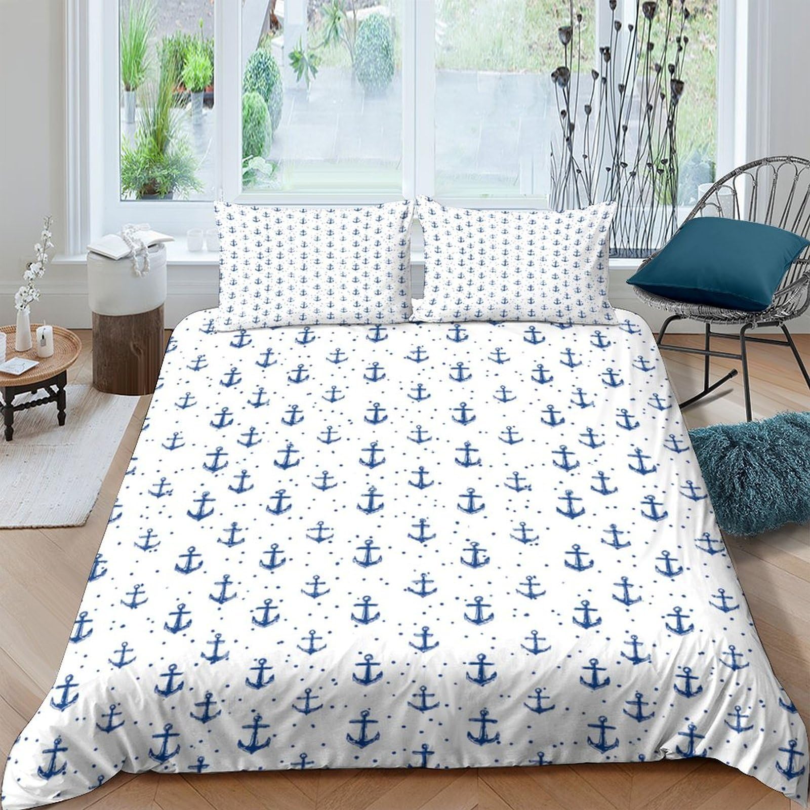 GPLZQXKJNH 3D Printed Nautical Anchor Duvet Cover Set Microfiber Soft Blue Bedding Set with 2 Pillowcases for Bedroom Decor Single（135x200cm）