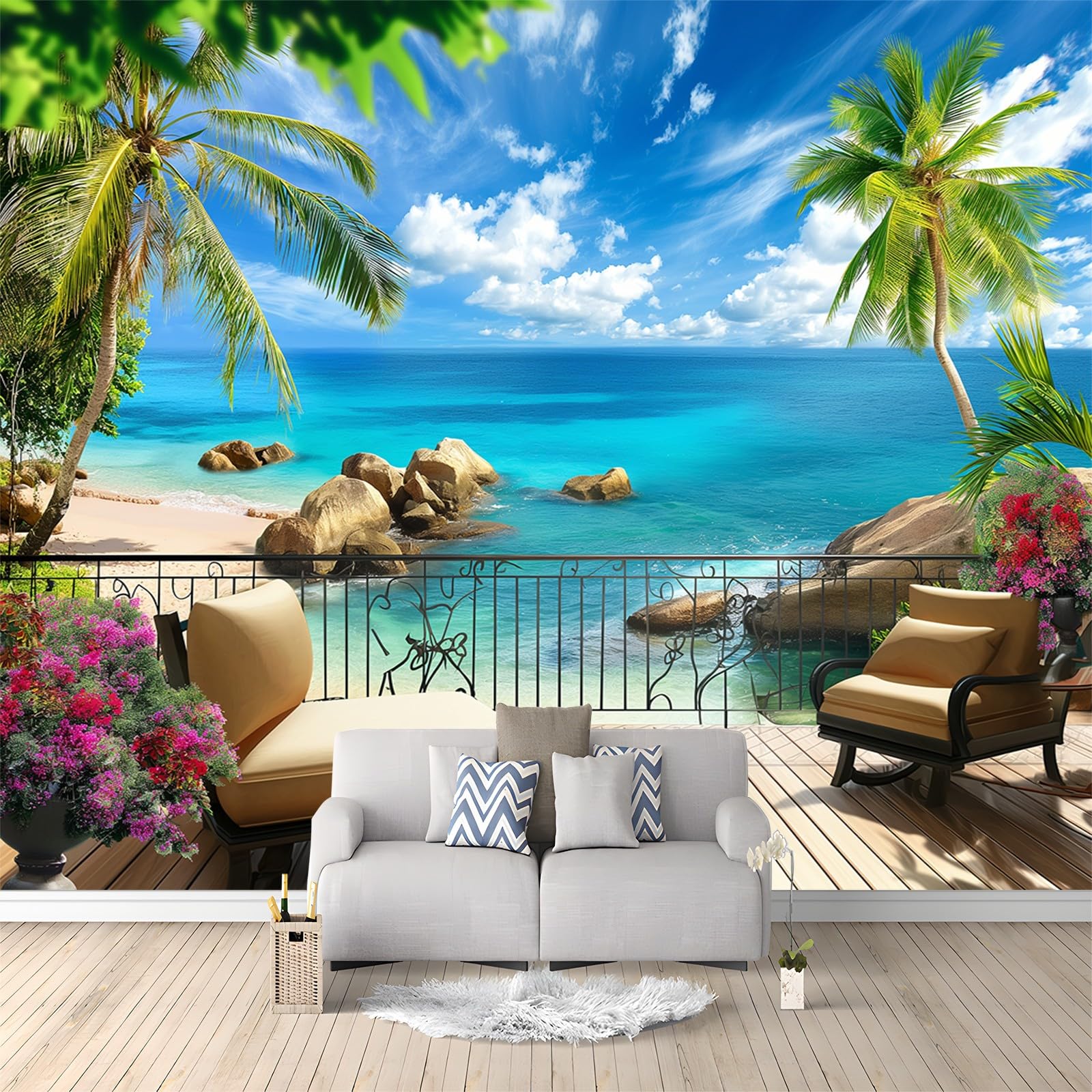 Papier peint intissé 3D palmiers de plage tropicale 300x210 cm tapisserie murale