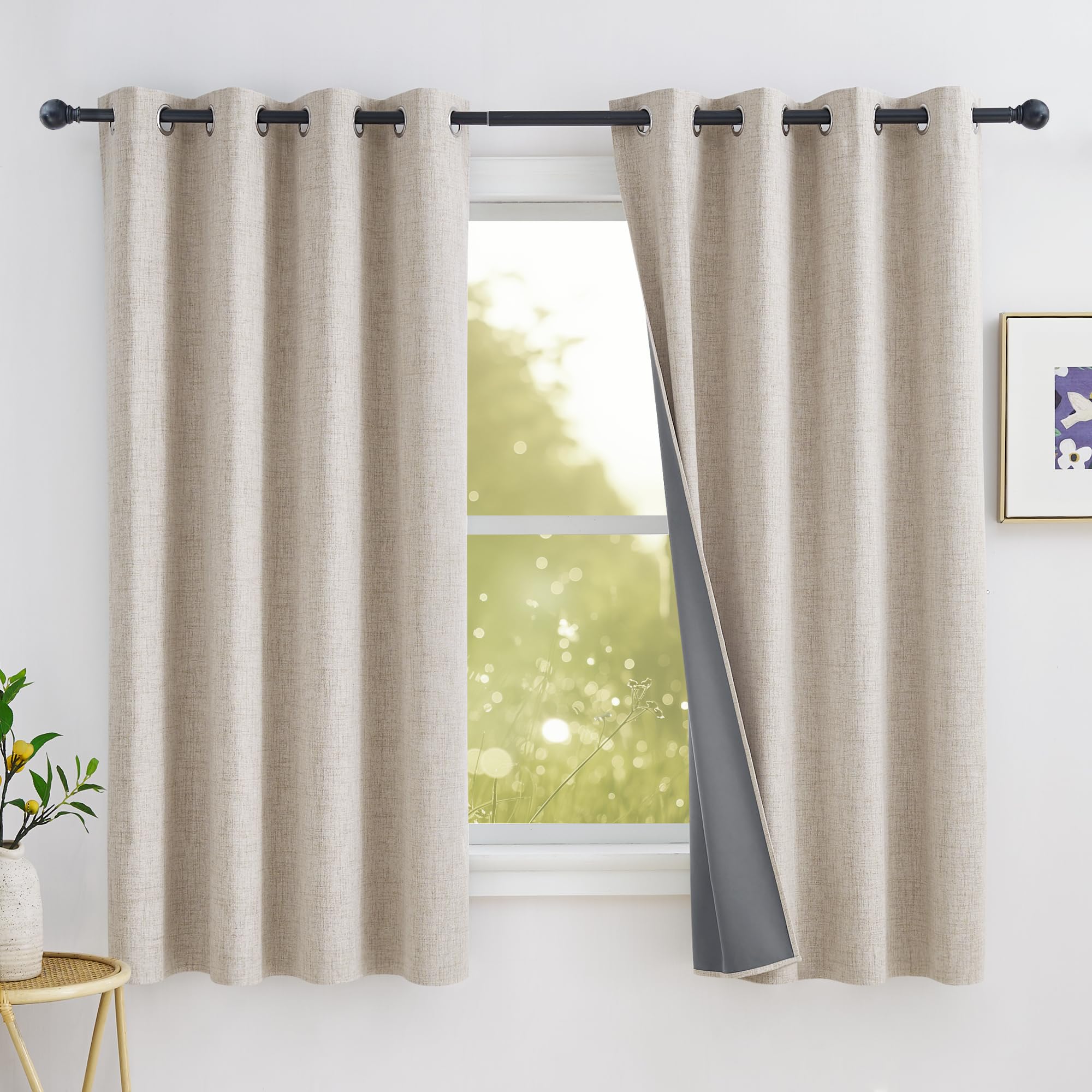 PONY DANCE 100% Blackout Curtain, Beige Linen Look Curtains Thermal Coating Curtains with Eyelet