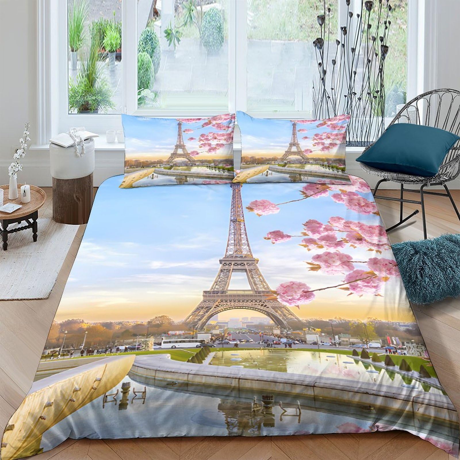 Ctjqhvkz Style-1 3D Printed Eiffel Tower Cherry Blossom Fitted Sheet Microfiber Soft Breathable Bed Sheet For Bedroom Guest Room Decor Single（135X200cm）