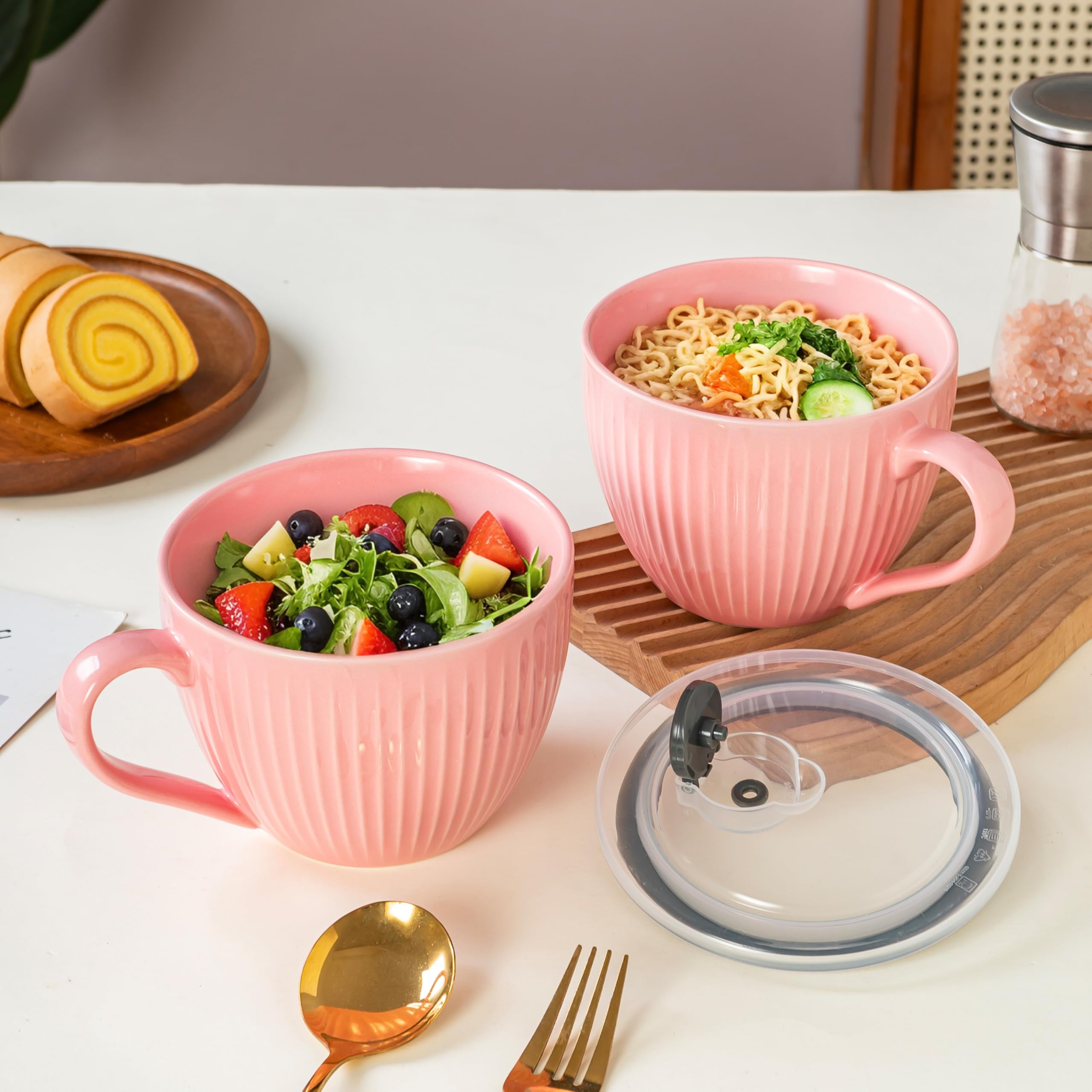 Tazones de cerámica con asas, tazas de café grandes de 24 onzas, tazas de sopa jumbo con tapas para cereales de desayuno, avena, café, té, microondas y lavavajillas, regalo de boda de inauguración de