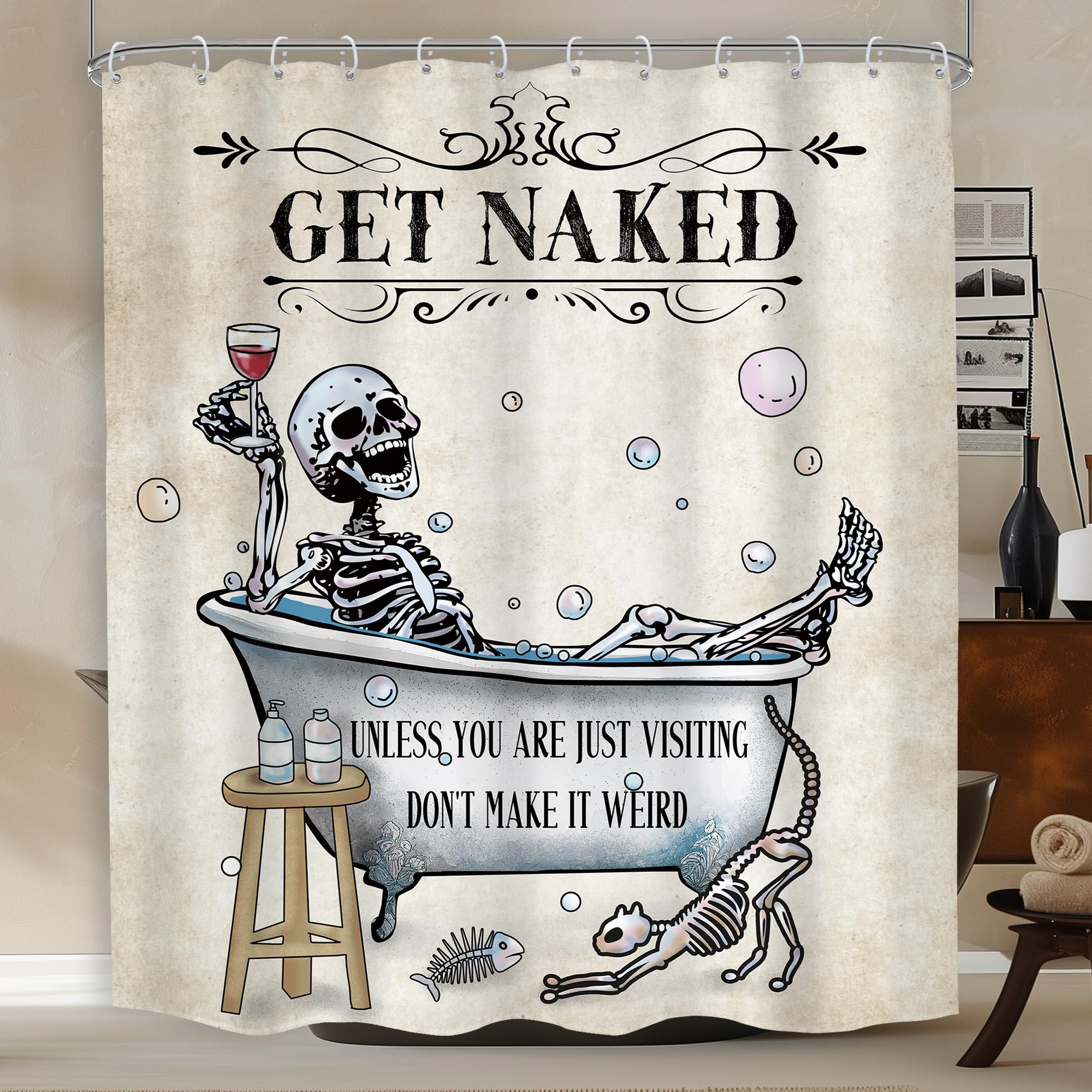 Halloween Funny Skull Skeleton Shower Curtain 60Wx72H Gothic Spooky Unique Cool Bone in Bathtub Bubbles Horror Cat Fish Retro Scary Bathroom Decor Bath Curtain Fabric Polyester 12 Pack Hooks