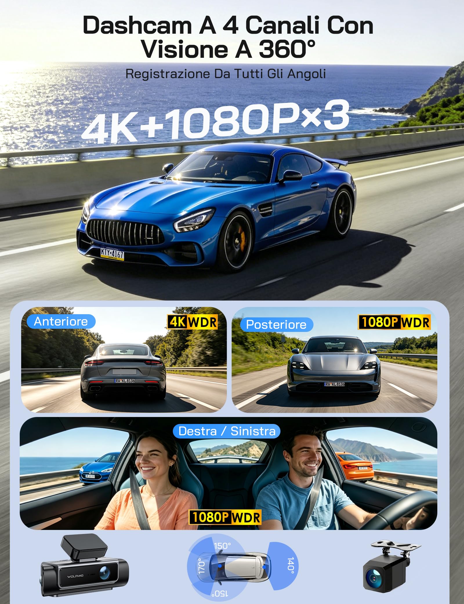 WOLFANG Dash Cam Auto, Dashcam 4 Canali 610° Telecamera Auto 4K Fronte 1080P Retro Interno Laterali, 5.8GHz Wi-Fi, IPS 3.39", Visione Notturna, Monitor di Parcheggio, Sensore G, WDR