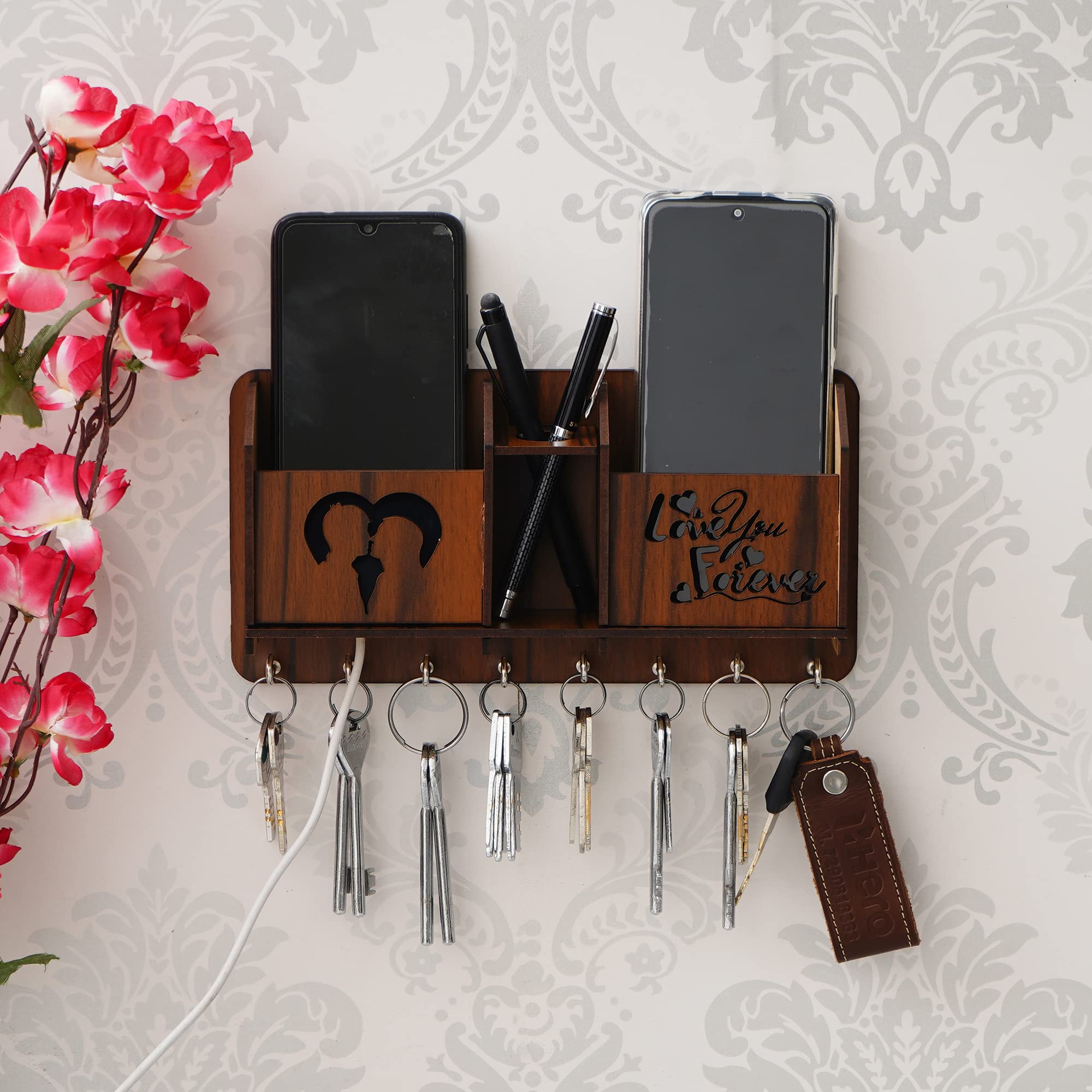 Asian Multistore Hub Wooden Key Holder with Mobile Stand and Center Shelf for Home Office Living Room Bedroom Ketchen (Love Key Holder)