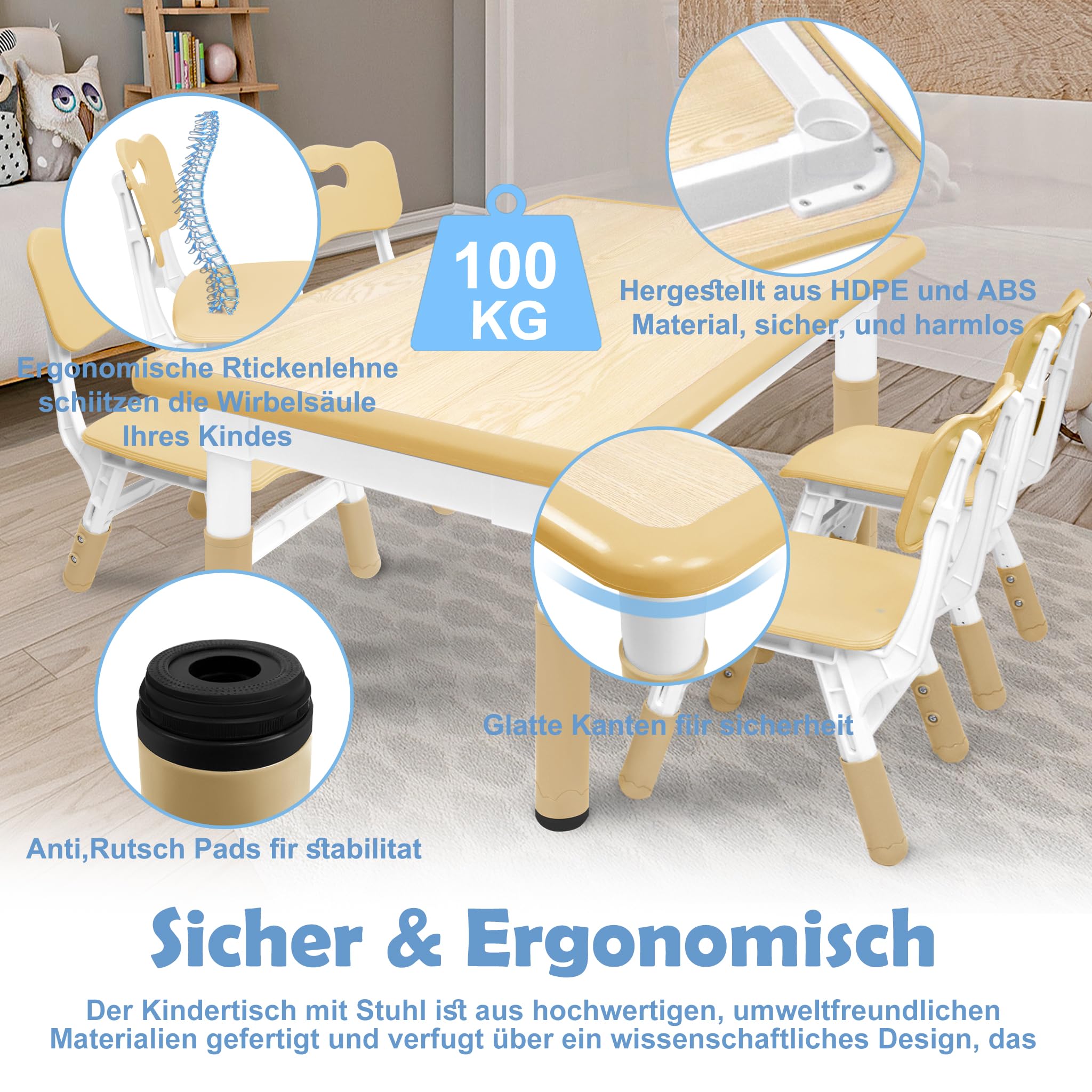 UISEBRT Table pour enfant avec 4 chaises, ensemble de sièges réglables en hauteur, pour enfants à partir de 2 ans, set de table en plastique, meubles pour maternelle et chambre d'enfant (couleur bois