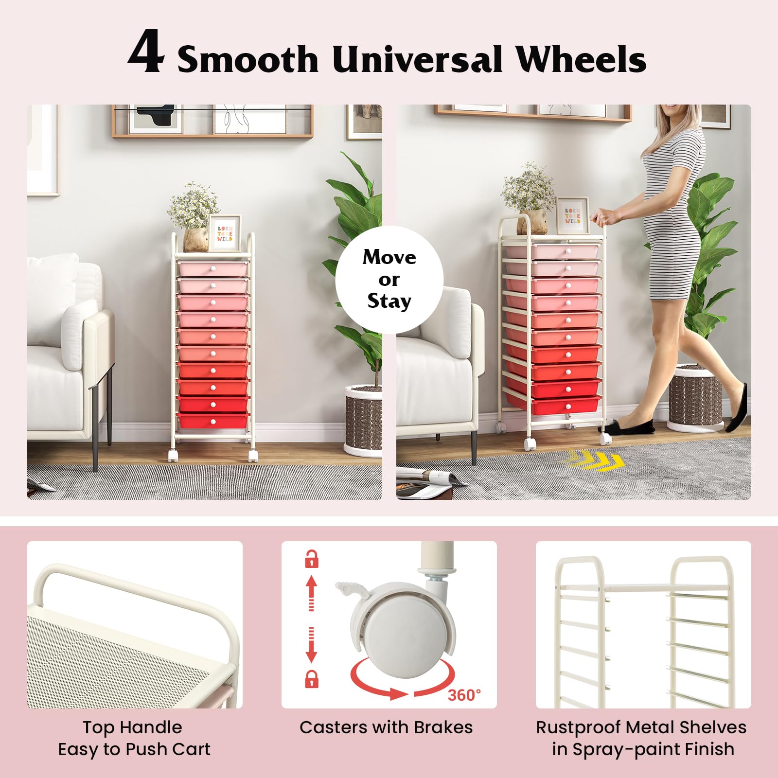 HOMASIS Carrito de almacenamiento con 10 cajones, Carro de servicio con estructura de metal y PP, Carro lateral con ruedas bloqueables para salón, dormitorio, oficina, 38x33x86,5cm (gradiente rosado)