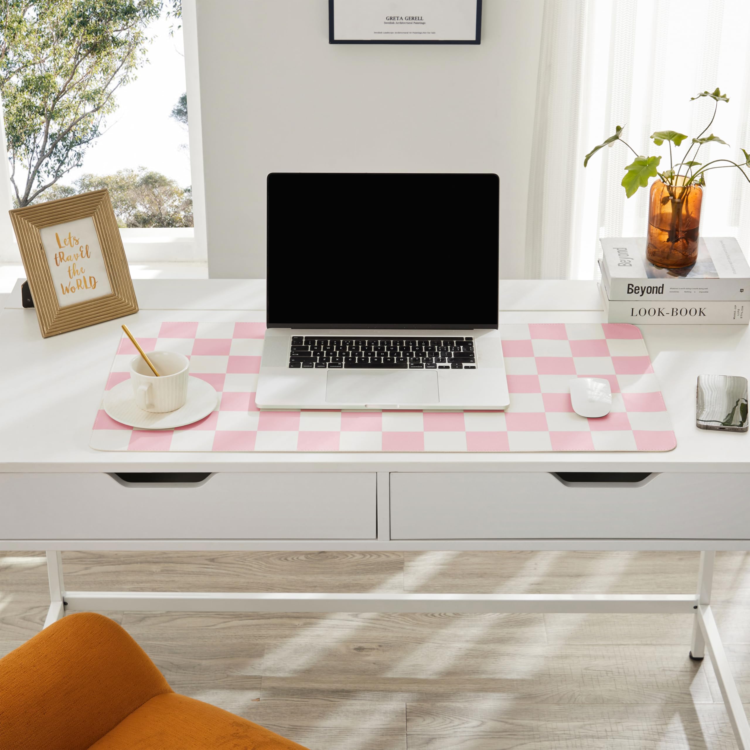 Ohocut Tappetino da scrivania a scacchi, grande, carino estetico retrò, in pelle PU, per computer portatile, antiscivolo, impermeabile, per scrivania per lavoro/casa (rosa, 80 x 40 cm)