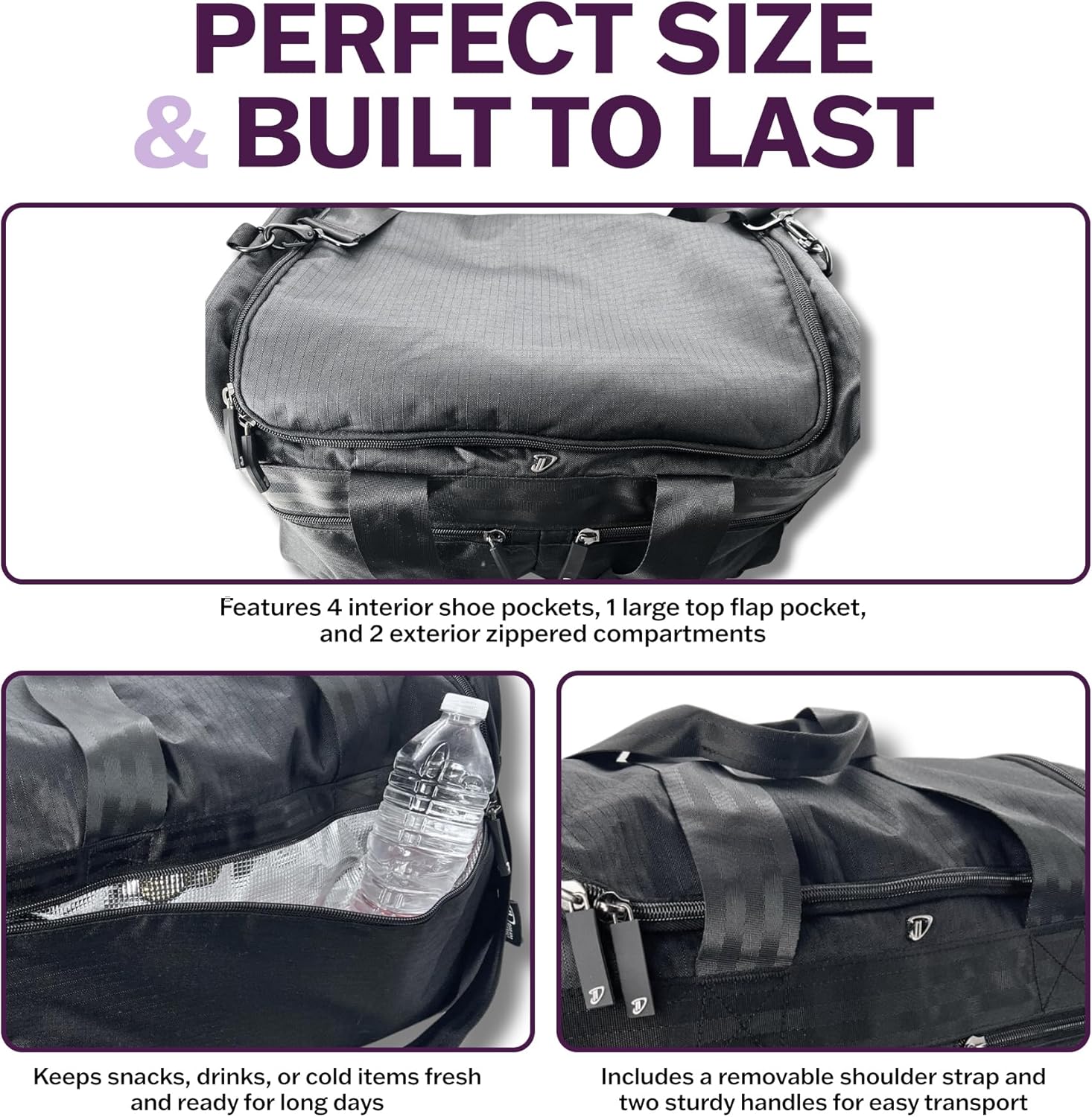 Dream Duffel Elevate Gym Bag, Sports Duffle with Shoe Pockets, Insulated Compartment, and Durable Design, 19"x12"x11.5", Black