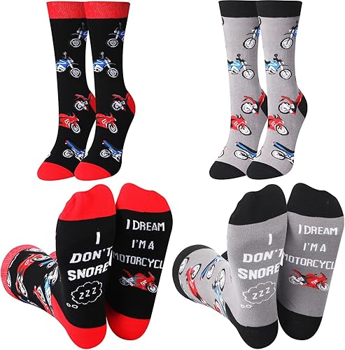 2 pares de calcetines de motocicleta con texto en inglés "I Don't Snore I Dream I'm a Motorcycle Socks Noved" para hombres (Motorcycle), Negro y gris