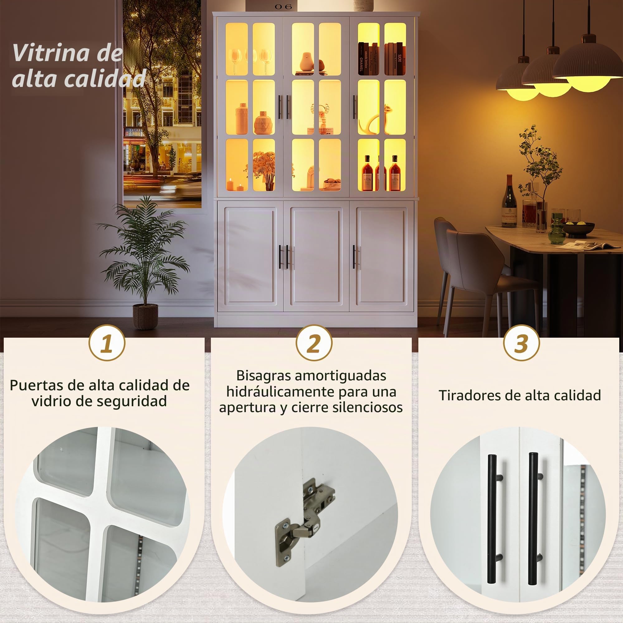 Vitrina de 121,5 x 41 x 200 cm, armario alto con 6 puertas, vitrina de cristal con LED, armario multifunción con divisor ajustable, armario grande