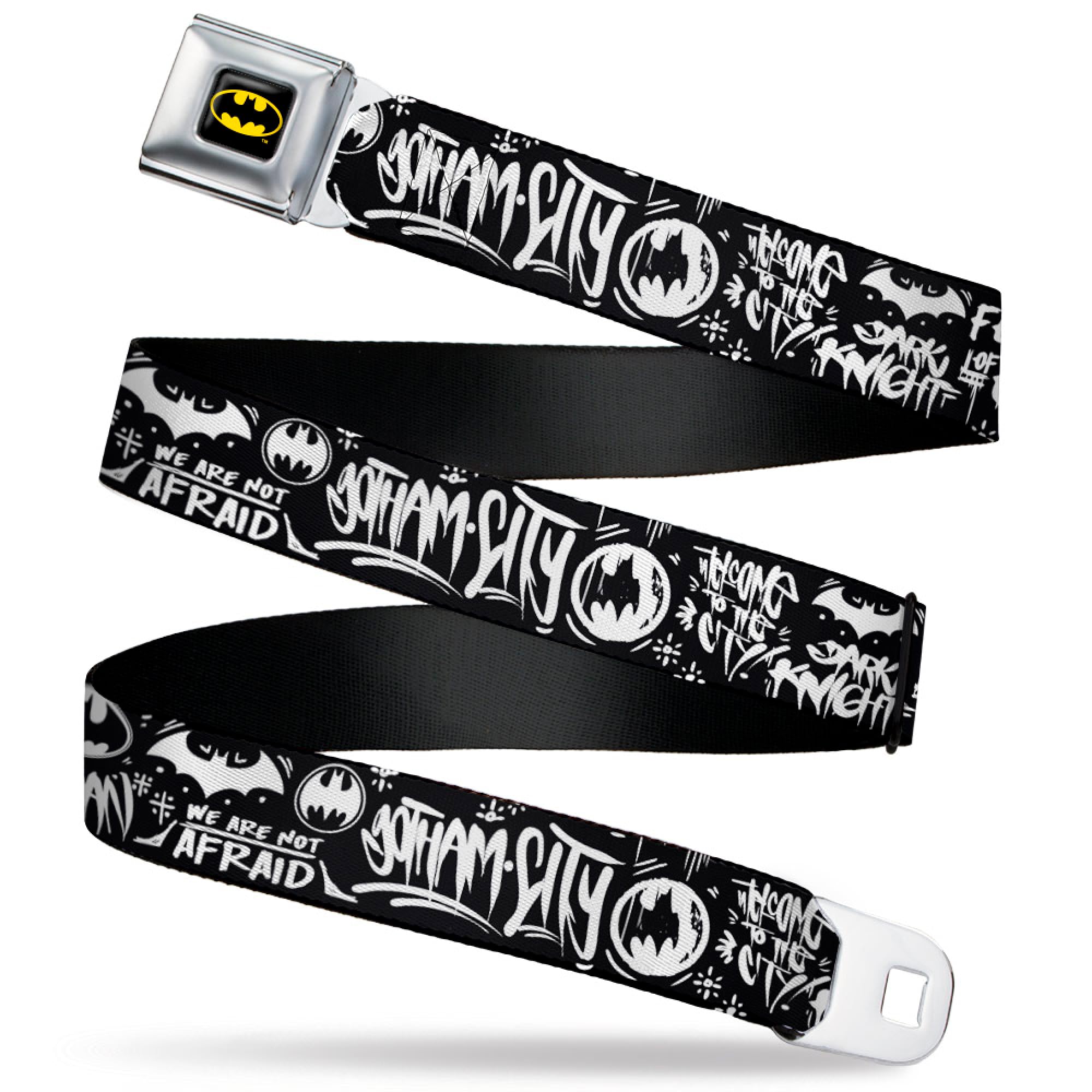 Buckle-DownDC Comics Belt, Seatbelt Buckle Belt, Batman Gotham City Graffiti Collage Black White, Adjustable