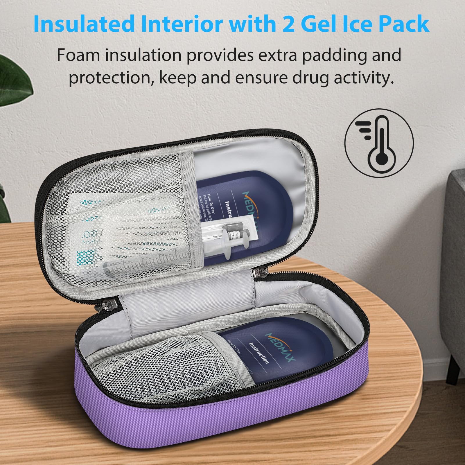 MEDMAX Enfriador Bolsa de Insulina 2 Paquetes de Hielo, Portátil Organizador de Medicamentos, Aislado Estuche para Bolígrafos de Insulina u Otros Suministros para Diabéticos, (Púrpura)
