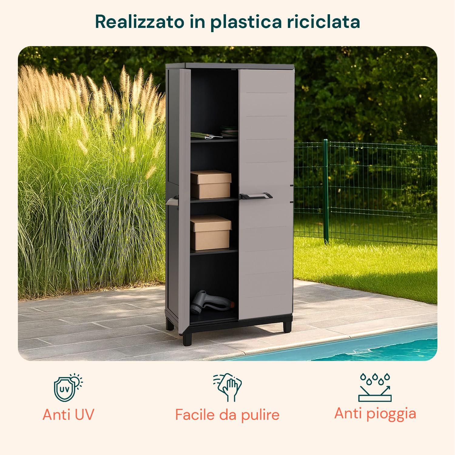 Armadio Plastica Tuttopiani Prime 2 Ante con Ripiani Regolabili Effetto Legno UV Resistant per Balcone Coperto, Facile da Montare e Resistente all’Umidità - 66x40x172cm