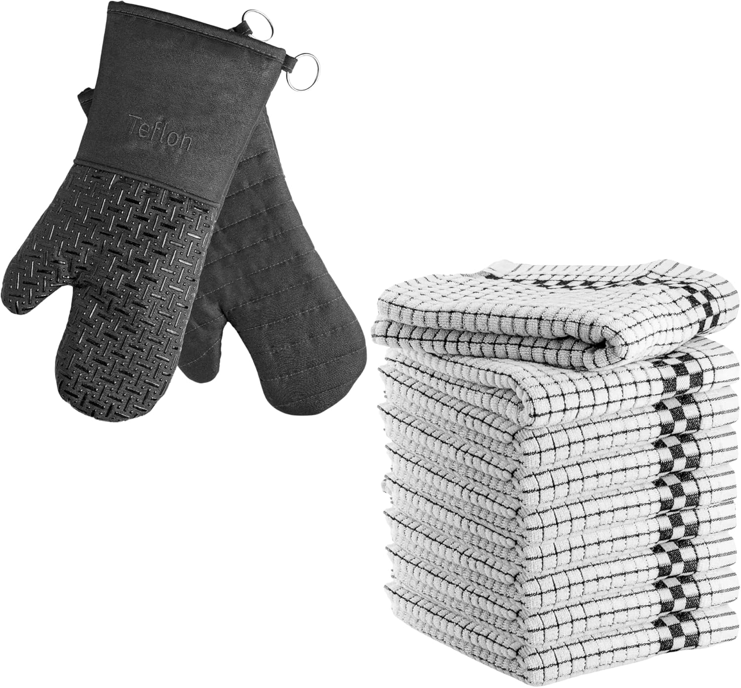 XLNT Extra Long Oven Mitts with Highly Absorbent Kitchen Dish Towels - Black 9 Pack | Teflon EcoElite Water Repellent | Heat Resistant for Oven Cooking, Grill & BBQ | Non Slip Gloves