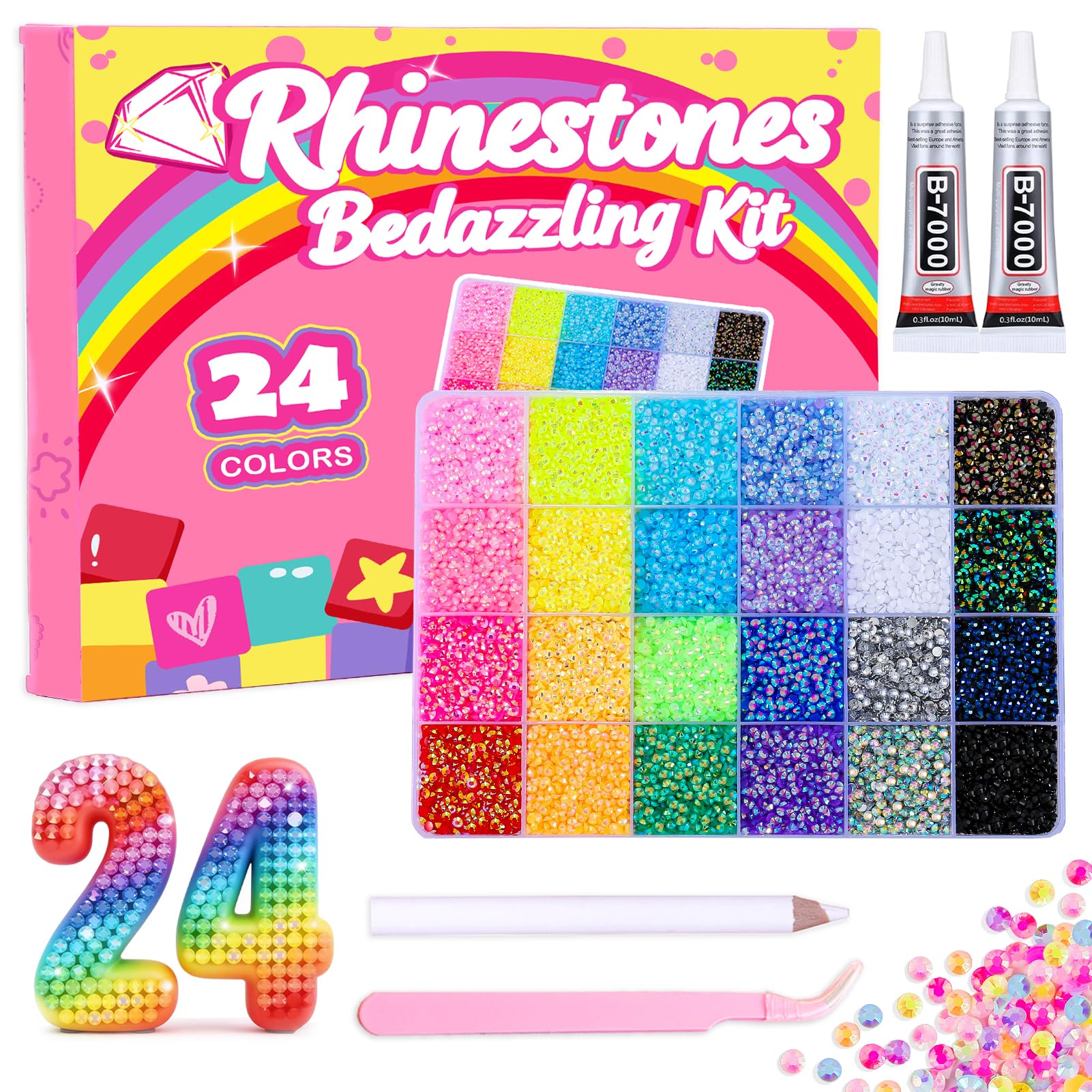 CCINPPY Bedazzling Kit, 30000Pcs 3mm Bedazzler Kit Flatback Resin Rhinestones, 24 Colors Bling Bedazzled Gems with Jewelry Glue and Tools for Book Nail Art, DIY Craft Gifts for Women Adults