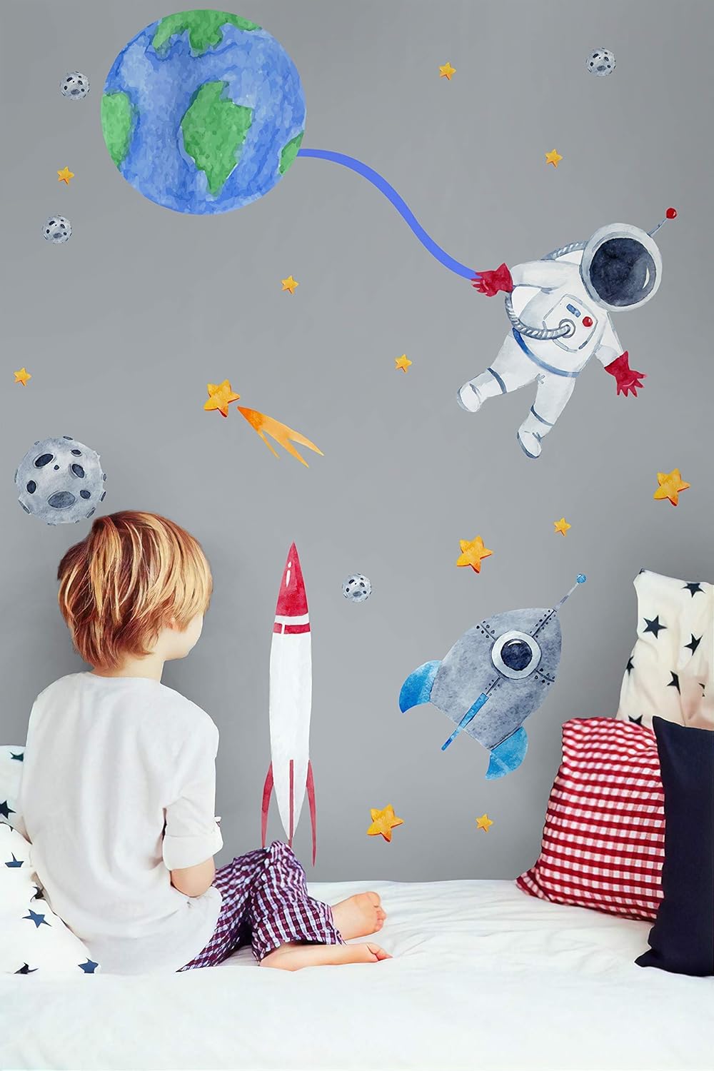 Murwall Kids Wall Decal for Boys Wall Decals Watercolor Space Wall Stickers Red Blue Rocket Peel n Stick for Nursery Removable Decals