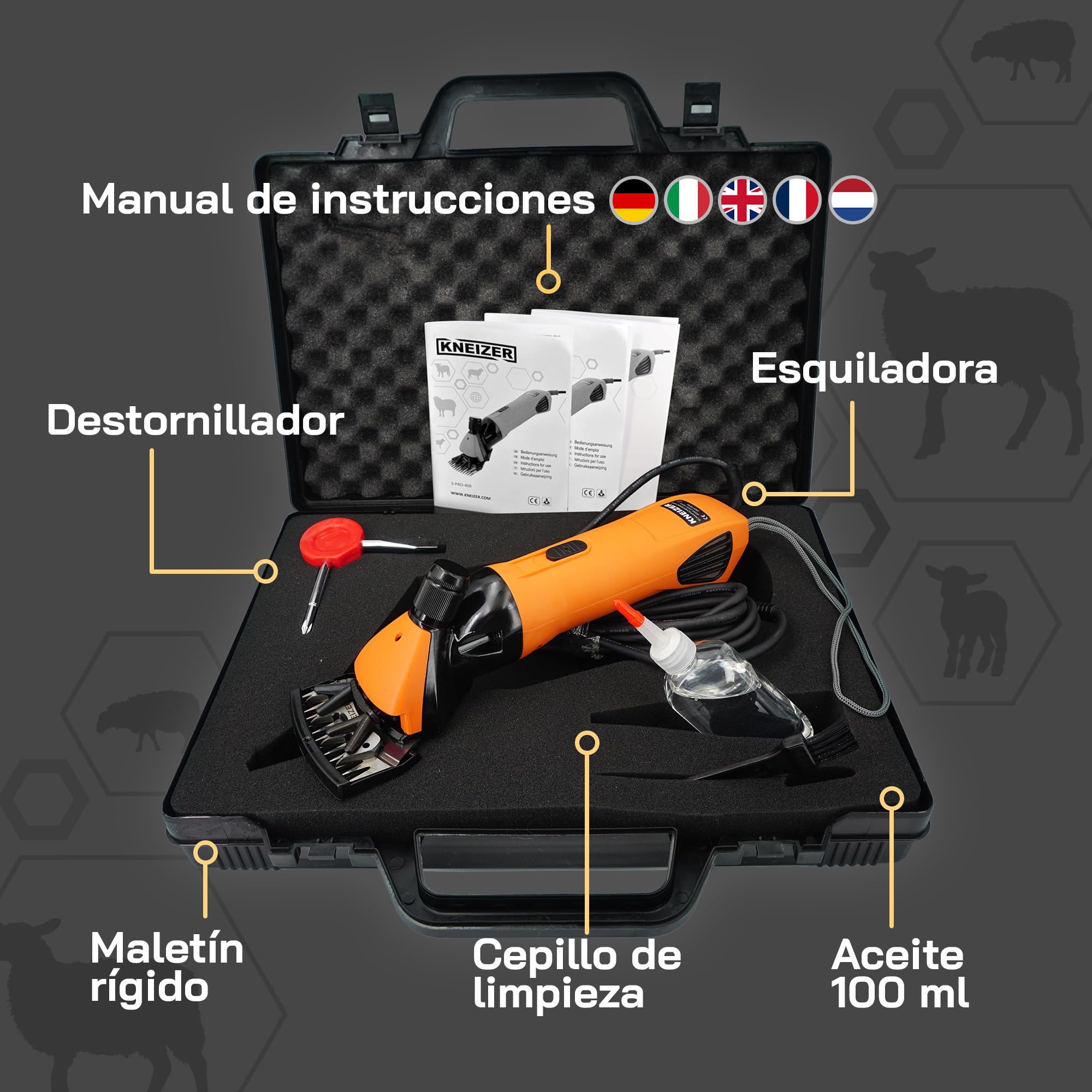 Esquiladora eléctrica para ovejas - Para todas las razas y pelajes de oveja - Cuchillas intercambiables - Motor potente - Baja vibración y muy silencioso - Sin mantenimiento
