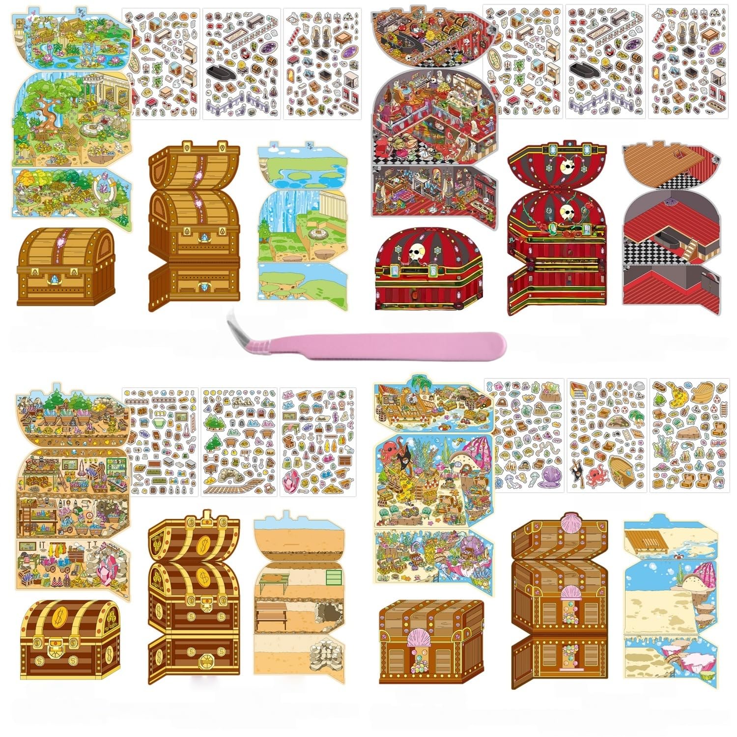 4 Sets Large Size 3D Miniature Scene Stickers,DIY House Sticker Therapy for Adult Cute 3D Cartoon Sticker Scenes for Adult Relief Stress Pass The Time