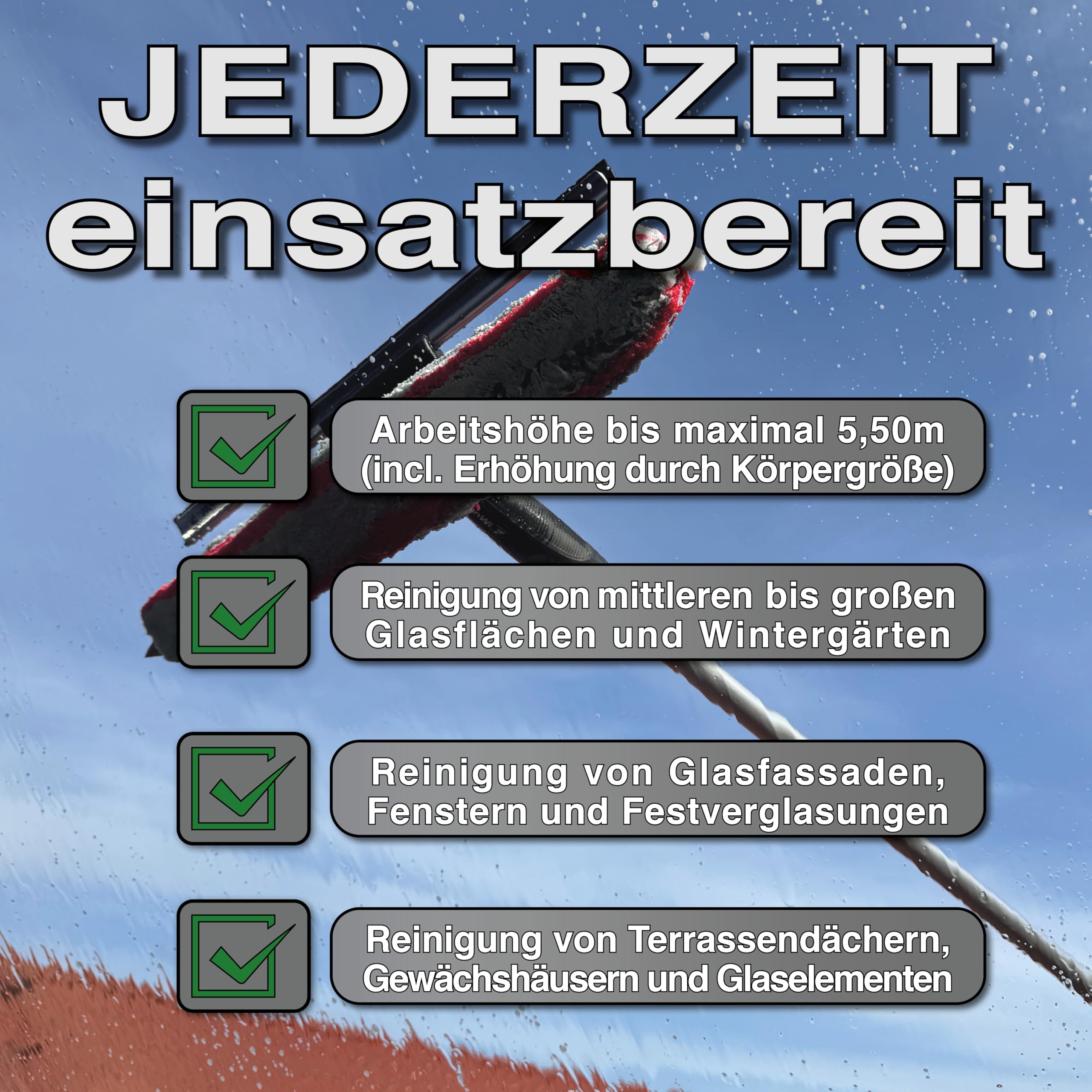 FenWi 4m Fensterreiniger Profi Set mit 400 cm Alu Teleskopstange Gummilippe Kombi Fensterwischer Mikrofaser 35/40cm Winkelgelenk + Zubehör zum Fenster putzen I Reinigung von Solaranlage Photovoltaik