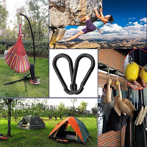 Miniatura 6 de Paquete de 50 mosquetones resistentes, ganchos de resorte grandes de 3.2 pulgadas a granel, mosquetones negros galvanizados para campamento, clips