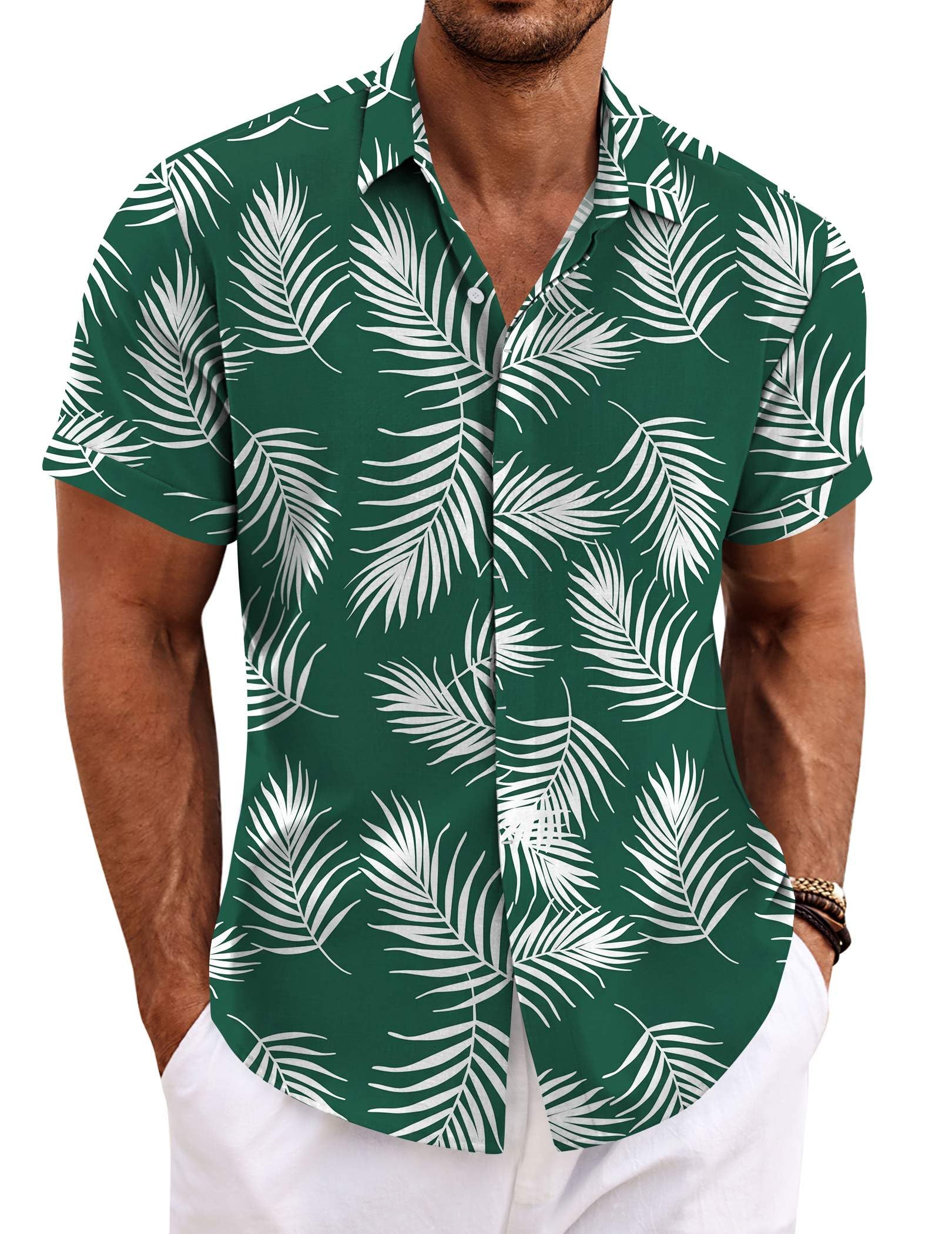 COOFANDY Men's Linen Shirts Short Sleeve Casual Shirts Button Down Shirt for Men Beach Summer Wedding Shirt Medium Leaf-green