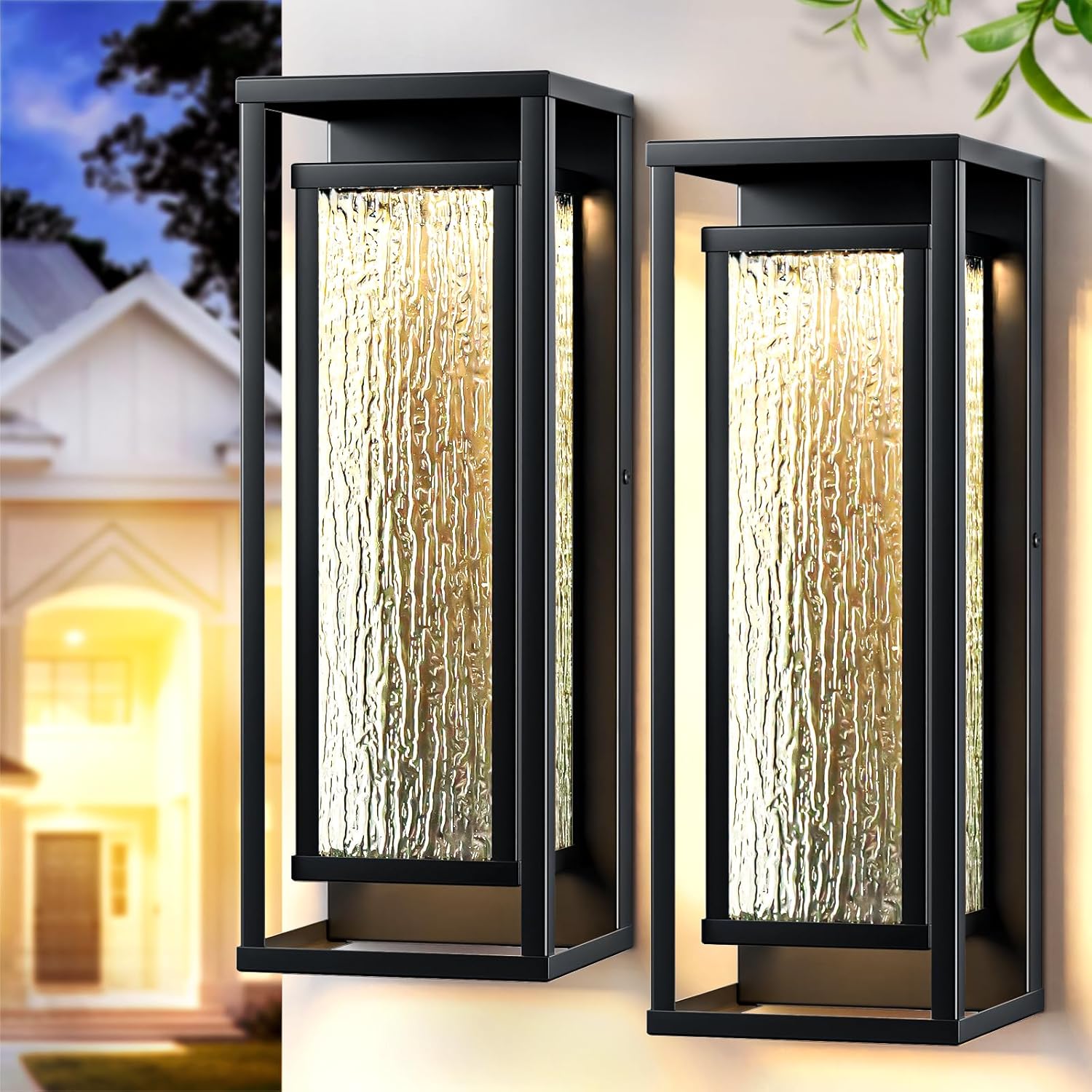 16'' LED Outdoor Wall Lights 2 Packs, 3000K Porch Lights Outdoor Sconce Lights with Water Ripple Glass, Modern Exterior Lighting Fixtures Outdoor Lantern, Outside Lights for House Garage Patio, Black
