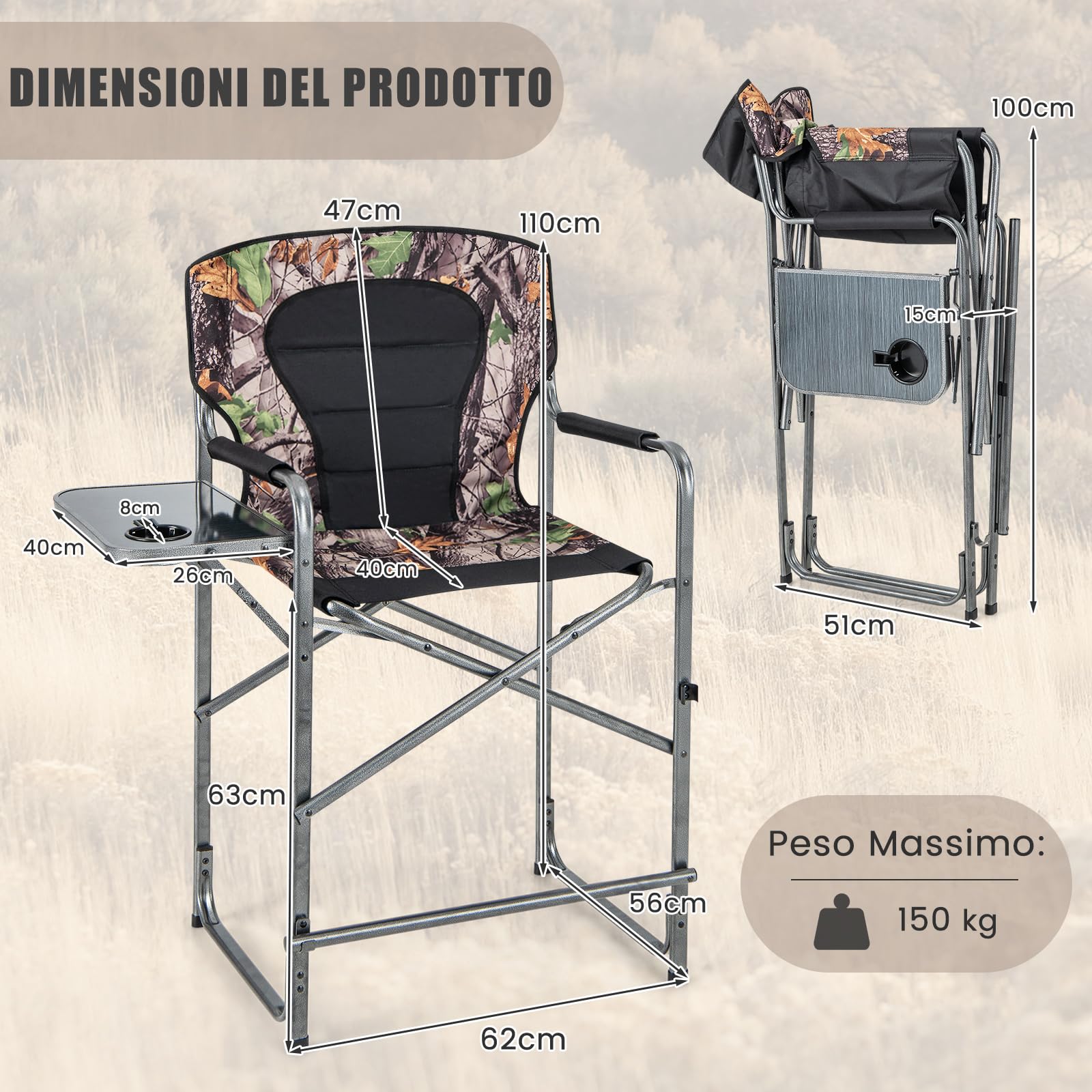 COSTWAY Set da Caccia Pieghevole per Esterno, Sedili da Caccia con Braccioli e Schienale, con Poggiapiedi Rimovibile, Tavolino Laterale, Supporto Fino a 150 kg