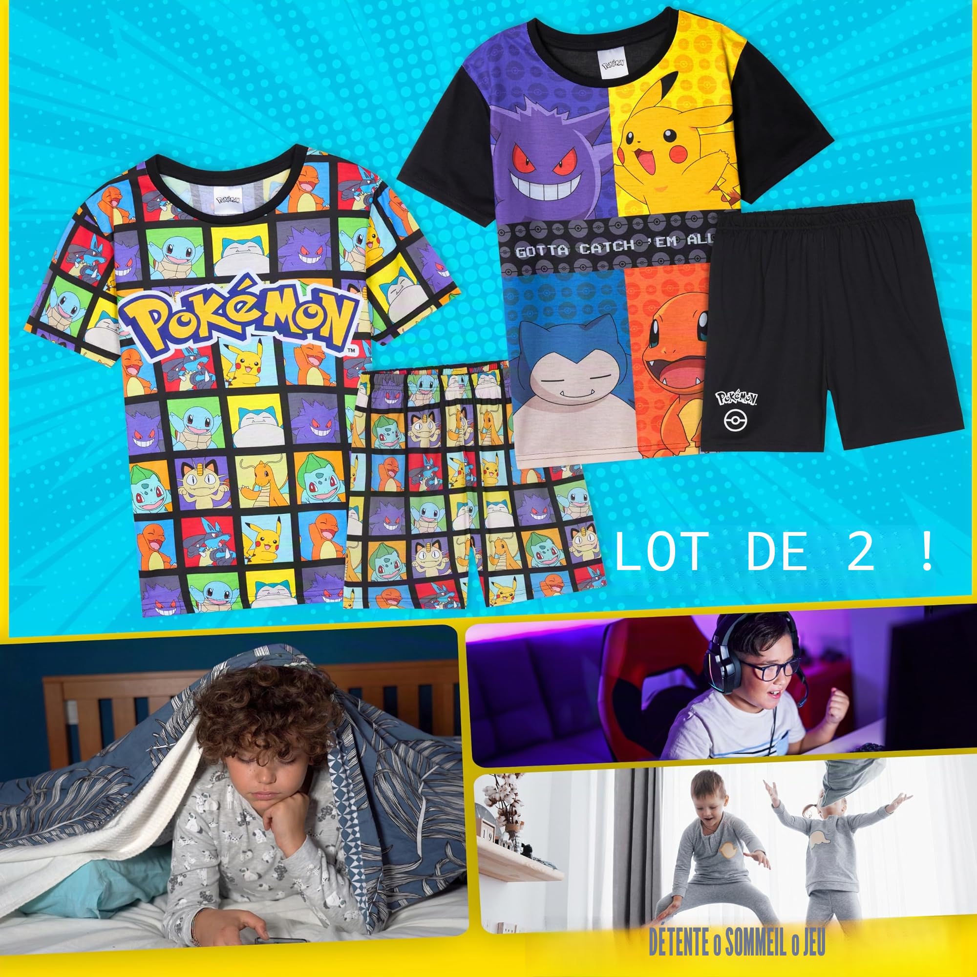 Pokemon Pyjama Enfant Garcon Été, Pyjama Court Manches Courtes, Comfy Vêtement de Nuit pour Ado, Pikachu Cadeau Garcon
