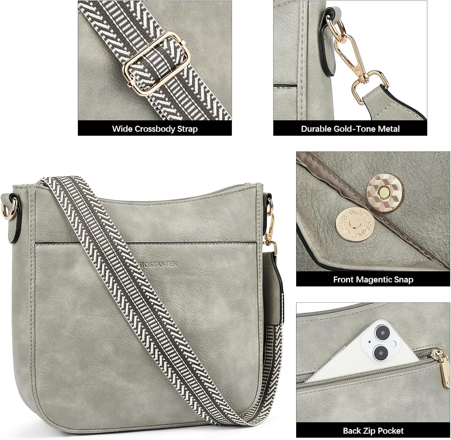 BOSTANTEN Crossbody Bags for Women Trendy Vegan Leather Hobo Purses Shoulder Handbags Wide Shoulder Strap - Image 3