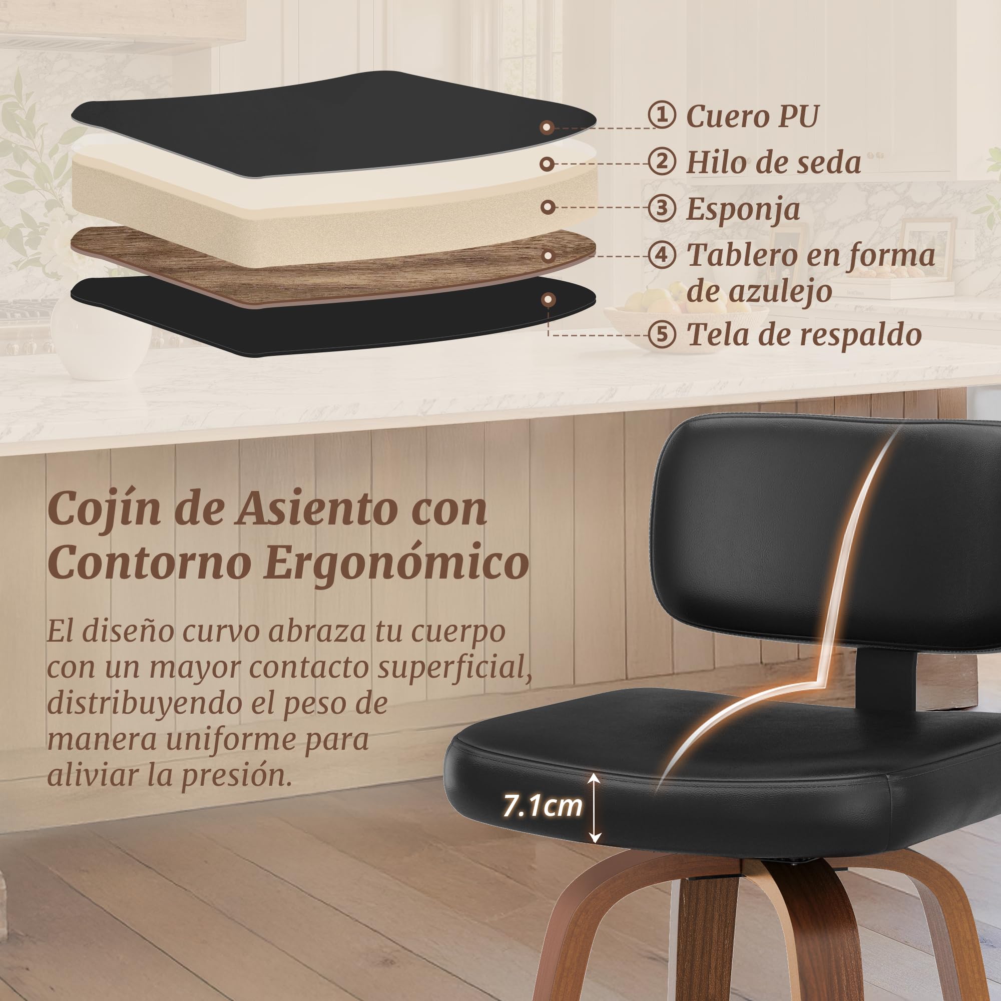 LUE BONA Juego de 2 Taburetes Altos de Cocina Madera,360°Giratorio 66cm Taburete de Bar con Reposapiés y Respaldo,Estructura de Madera Taburetes Cocina,para Cocina,Salón,Comedor,Bar,Negro