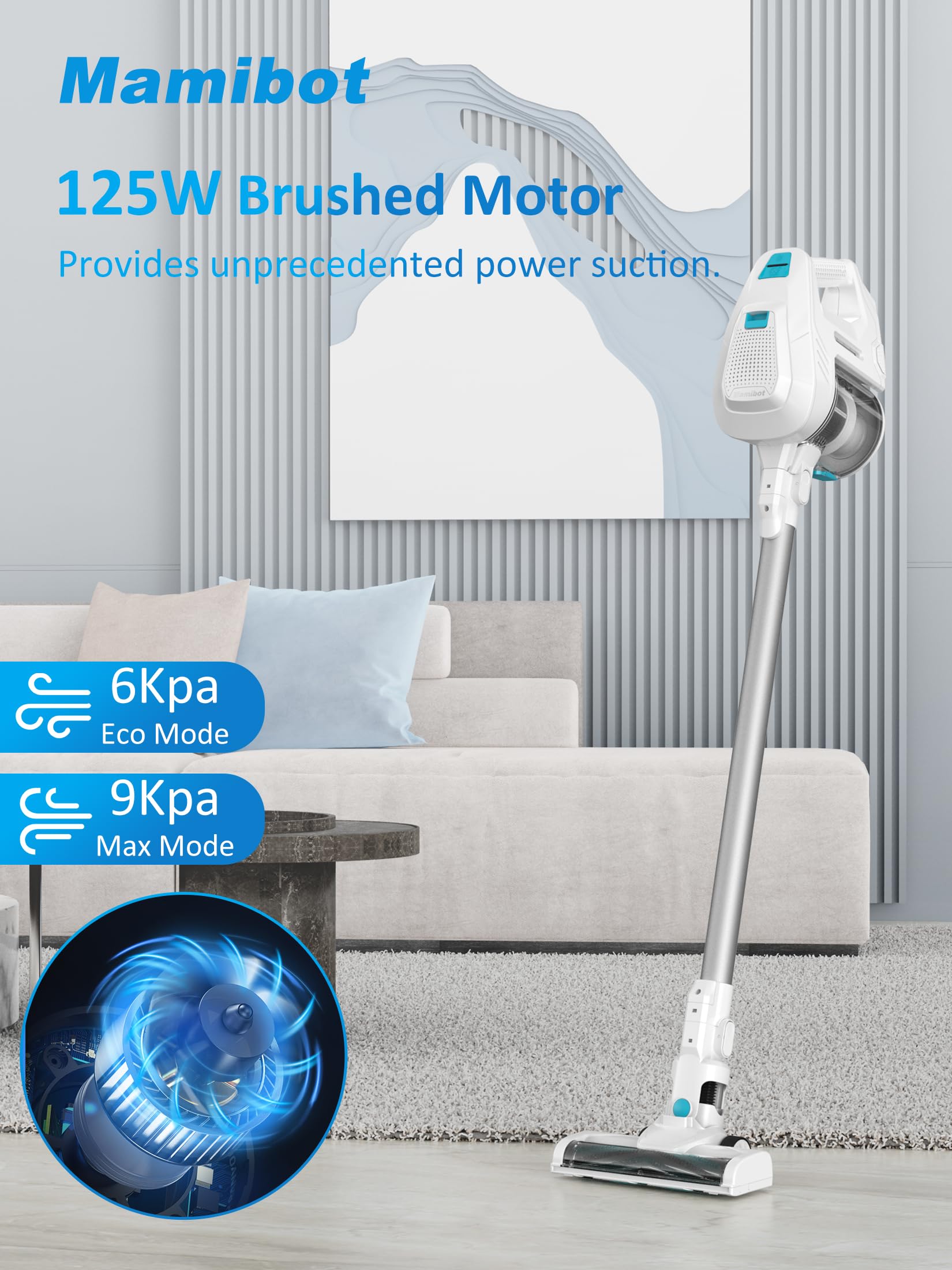 Mamibot S6 Cordless Stick Vacuum Cleaner, Handheld Bagless Vacuum with Crevice Tool & Dust Brush, Powerful Motor, Max 30mins Runtime, Suitable for Tile/Hardwood Floor/Pet Hair, White