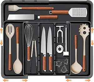 Large Utensil Drawer Organizer Expandable Silverware Organizer for Kitchen Drawer Adjustable Cooking Utensil Holder Cutlery Flatware Tray Spatula Tools Gadgets Storage Dividers Plastic Black