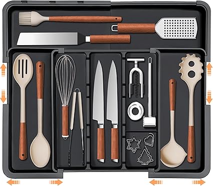 Large Utensil Drawer Organizer Expandable Silverware Organizer for Kitchen Drawer Adjustable Cooking Utensil Holder Cutlery Flatware Tray Spatula Tools Gadgets Storage Dividers Plastic Black