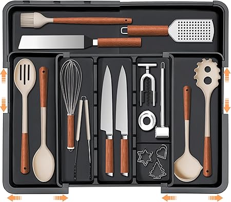 Large Utensil Drawer Organizer Expandable Silverware Organizer for Kitchen Drawer Adjustable Cooking Utensil Holder Cutlery Flatware Tray Spatula Tools Gadgets Storage Dividers Plastic Black