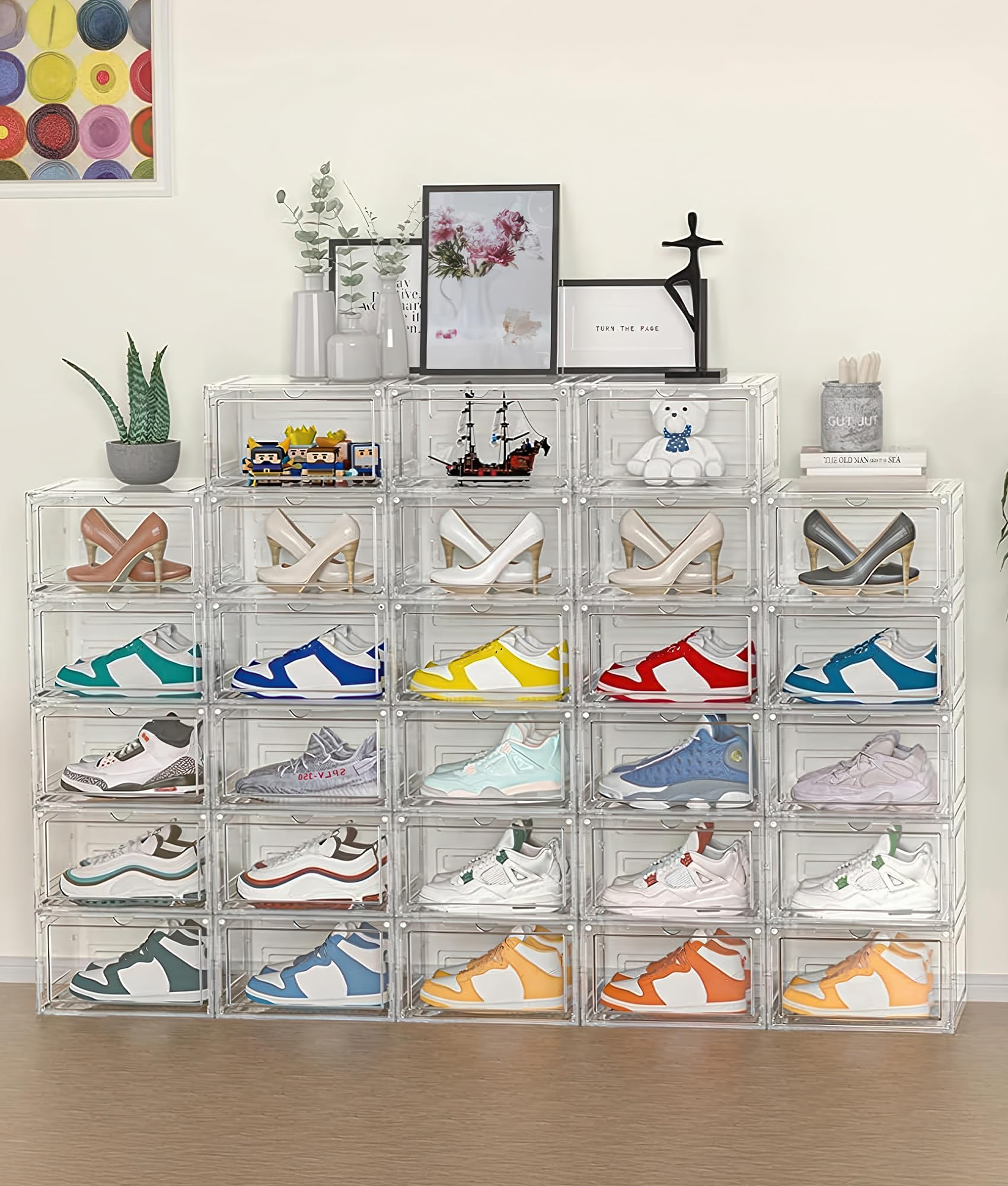 ADOV Schuhboxen Set 6 Stück, Transparente Stapelbare Schuh Aufbewahrungsboxen aus Kunststoff mit Deckel, Klare Schuh Organizer für Sneaker, Damen Herren Kinder, bis EU 46