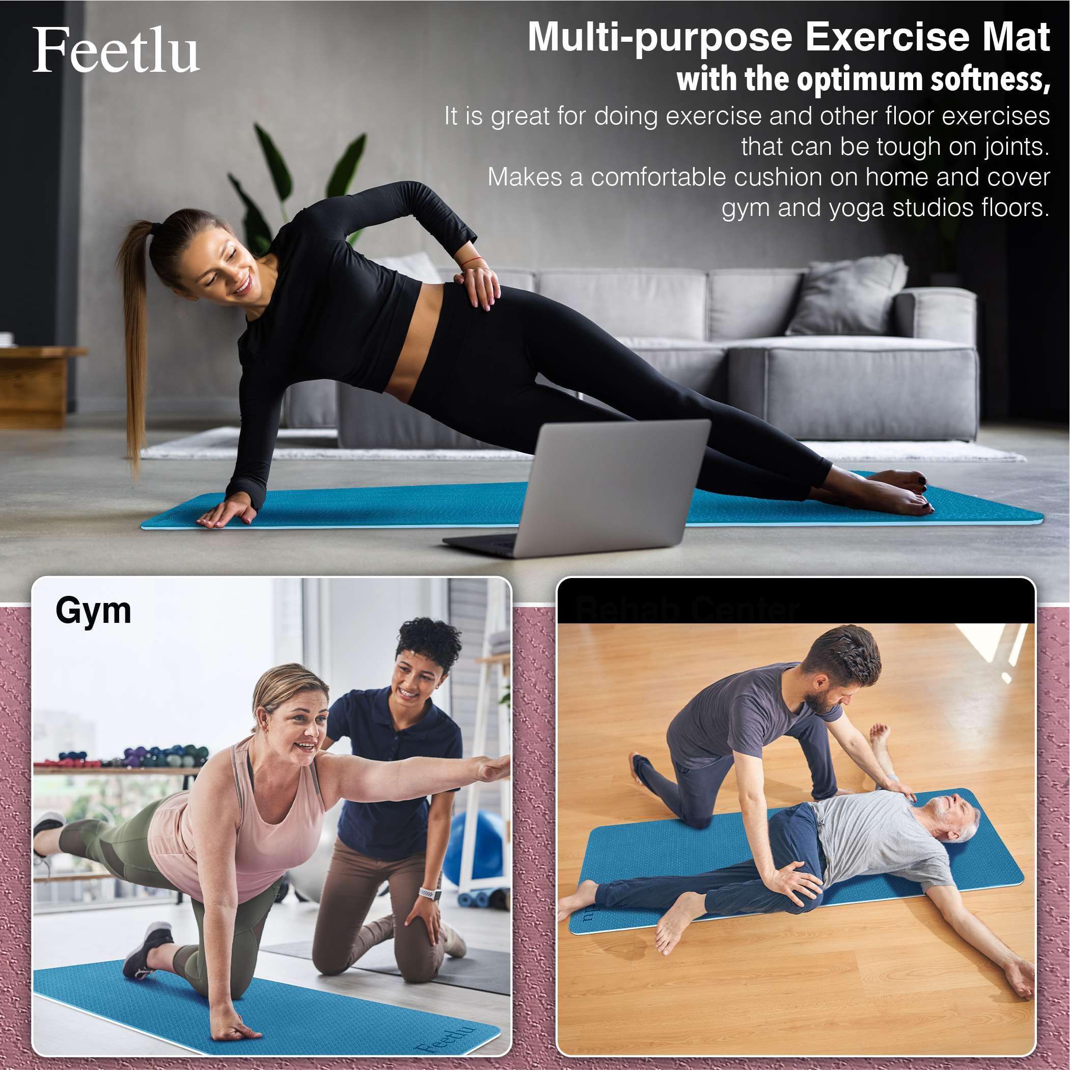 Übungs-Yogamatte, 10 mm, extra dick, rutschfest, mit Tragegurt, für Allzweck-Frauen, Männer, Yoga, Pilates, Boden-Fitness, Heim-Fitness-Studio, Größe 183 x 61 cm