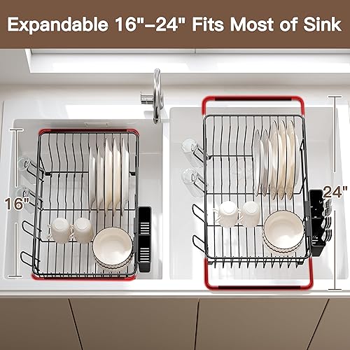 Miniatura 4 de Estante de secado de platos expandible sobre el fregadero en acero inoxidable para cocina pequeña, estante de secado de platos moderno y compacto de